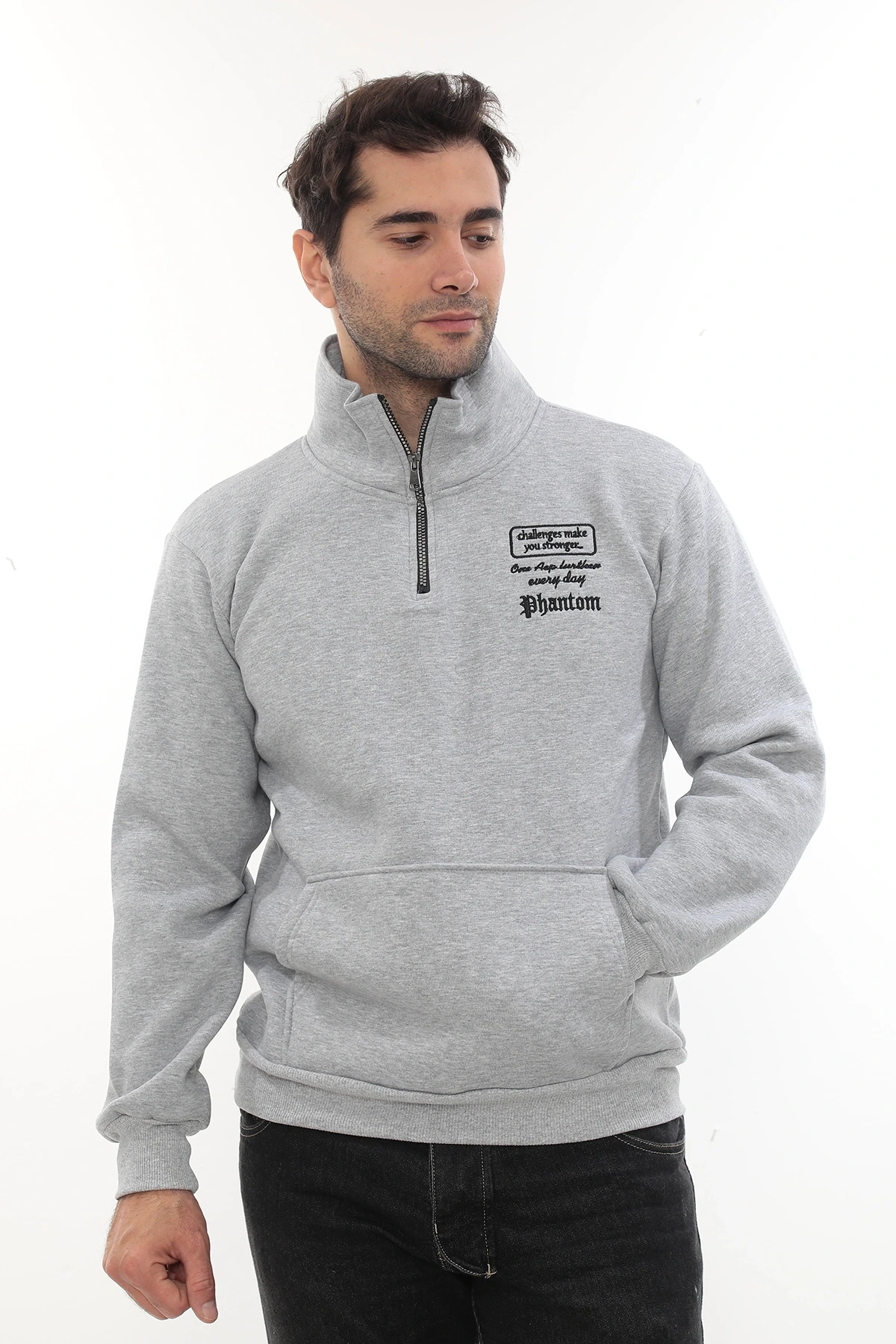 Erkek Açık Gri Standart Fit Normal Kesim Içi Polarlı Yarım Fermuarlı Dik Bato Yaka Pamuklu Sweatshirt