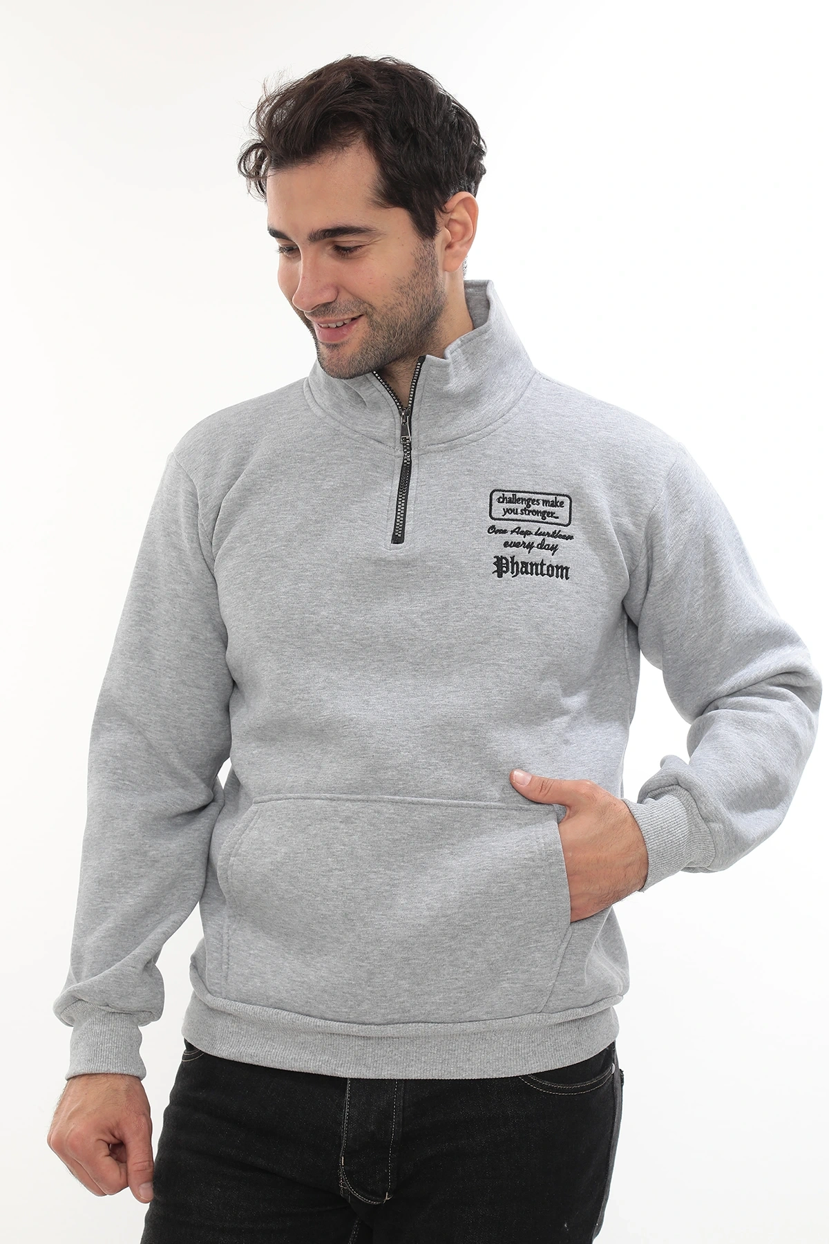 Erkek Açık Gri Standart Fit Normal Kesim Içi Polarlı Yarım Fermuarlı Dik Bato Yaka Pamuklu Sweatshirt