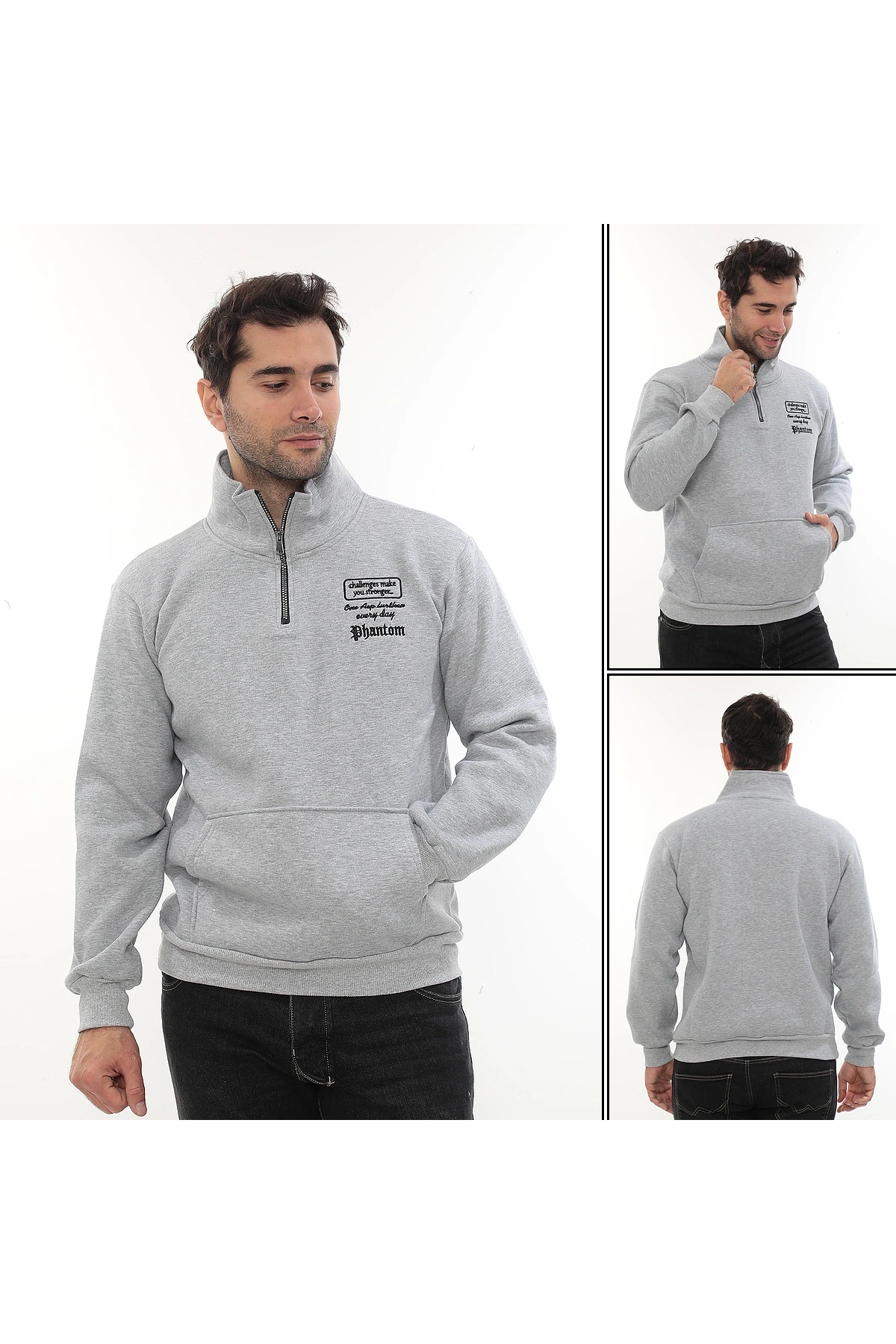 Erkek Açık Gri Standart Fit Normal Kesim Içi Polarlı Yarım Fermuarlı Dik Bato Yaka Pamuklu Sweatshirt