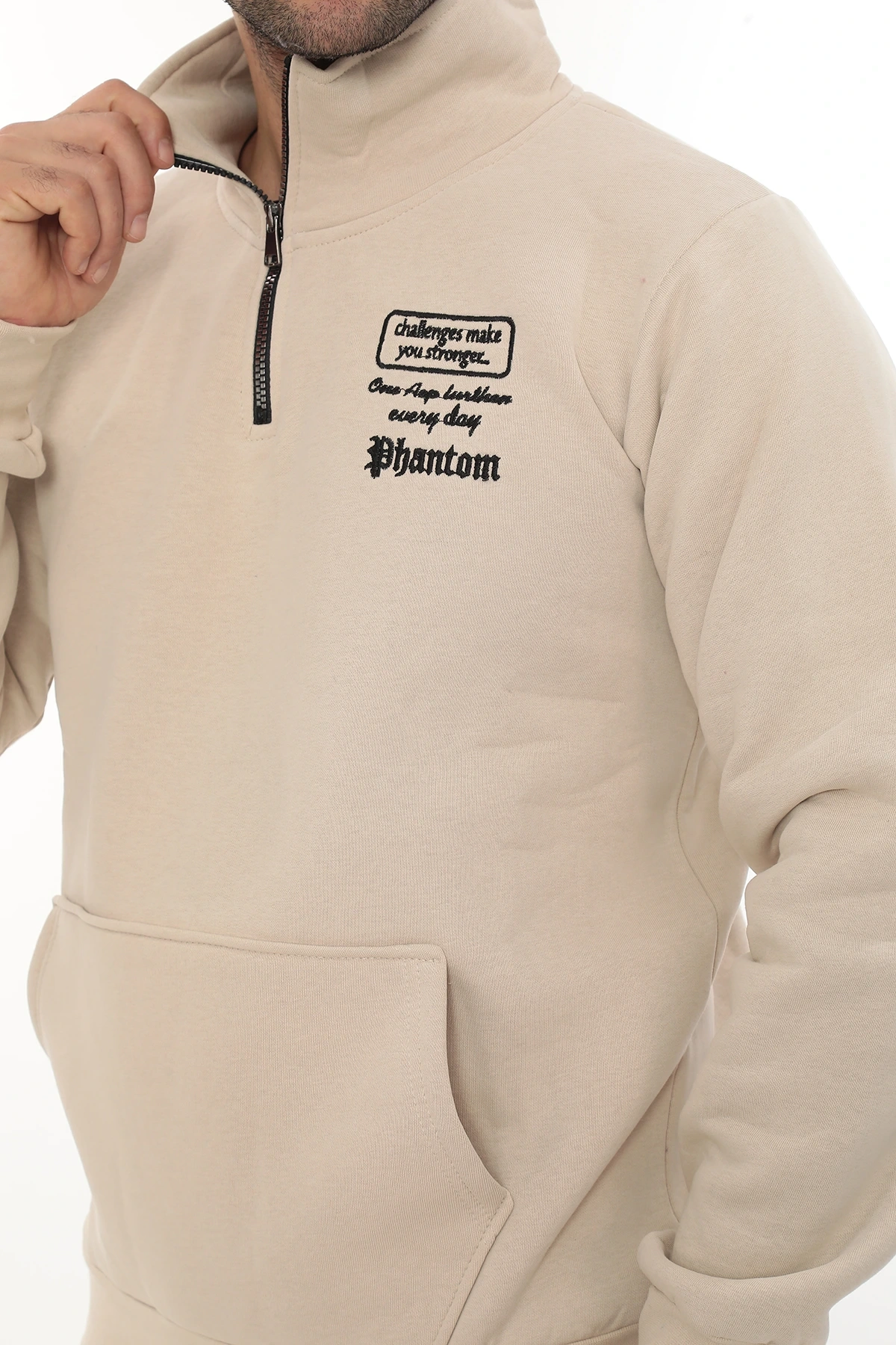 Erkek Bej Standart Fit Normal Kesim Içi Polarlı Yarım Fermuarlı Dik Bato Yaka Pamuklu Sweatshirt