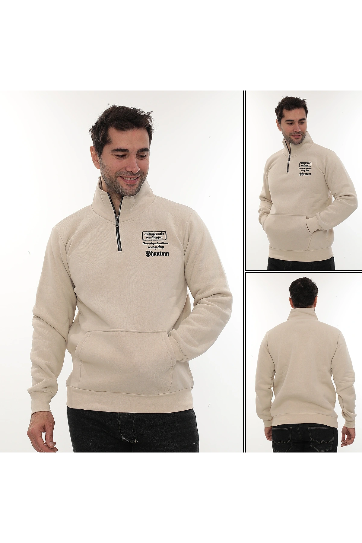 Erkek Bej Standart Fit Normal Kesim Içi Polarlı Yarım Fermuarlı Dik Bato Yaka Pamuklu Sweatshirt