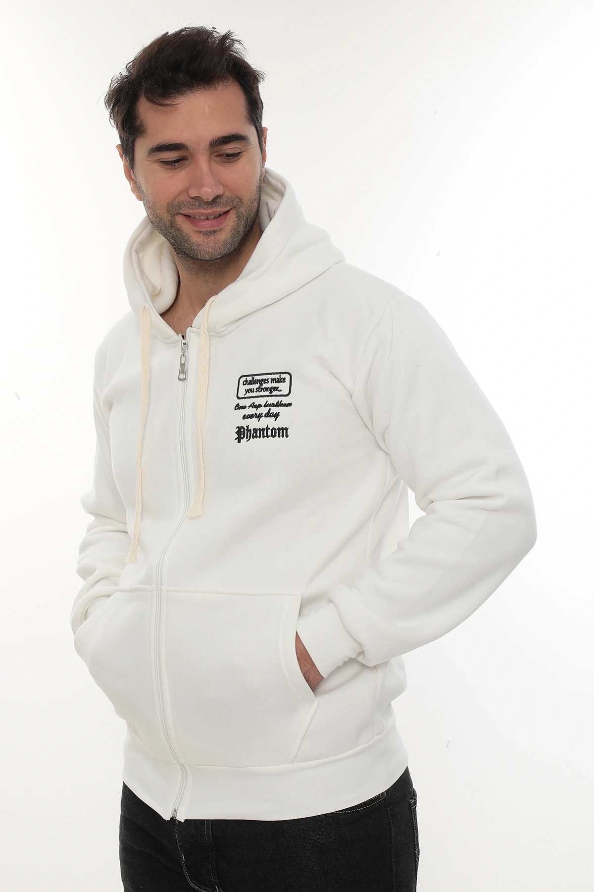 Erkek Beyaz Standart Fit Normal Kesim Içi Polarlı Tam Fermuarlı Kapüşonlu Pamuklu Sweatshirt