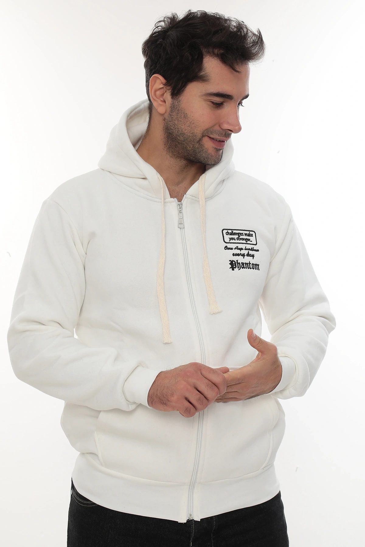 Erkek Beyaz Standart Fit Normal Kesim Içi Polarlı Tam Fermuarlı Kapüşonlu Pamuklu Sweatshirt