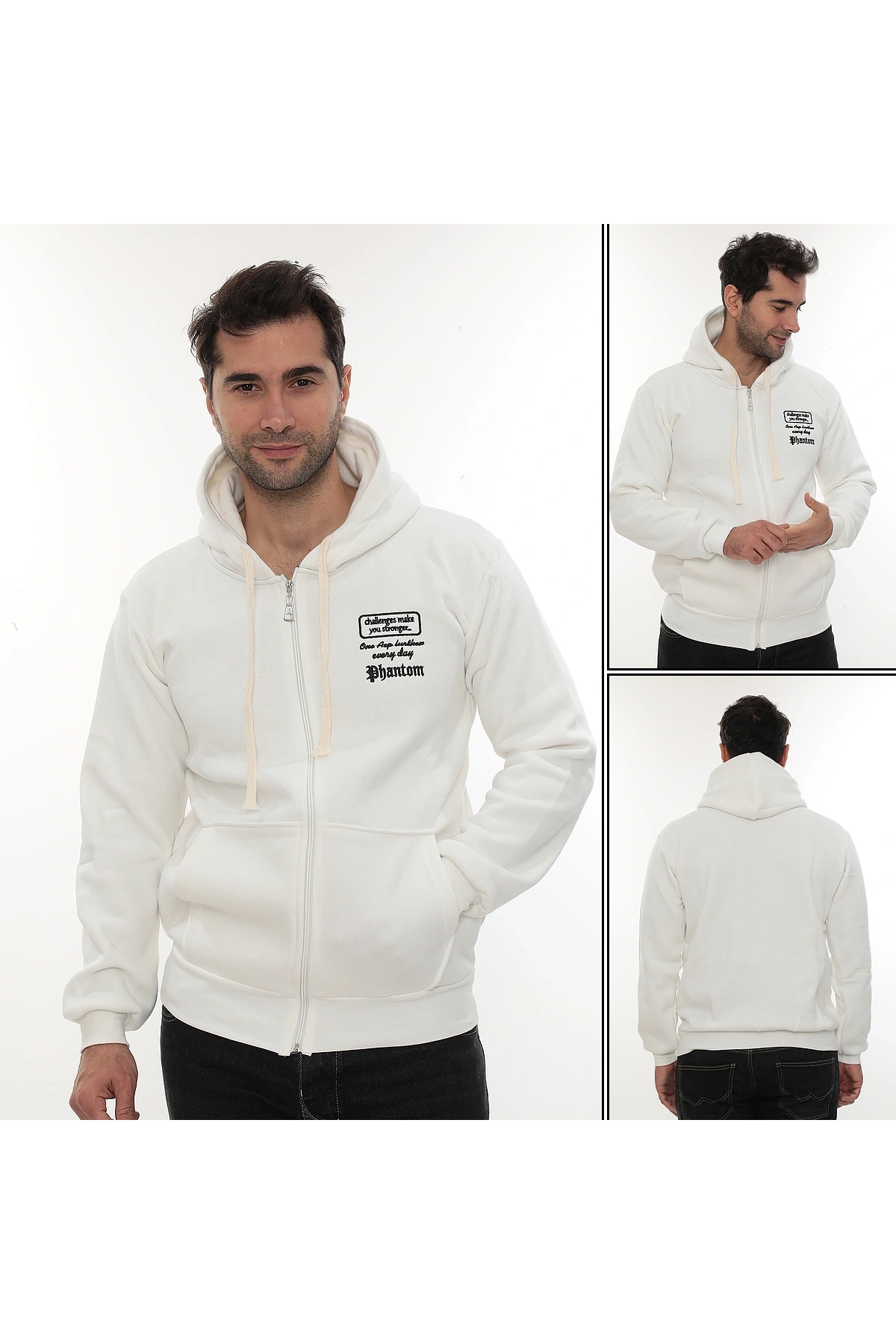Erkek Beyaz Standart Fit Normal Kesim Içi Polarlı Tam Fermuarlı Kapüşonlu Pamuklu Sweatshirt