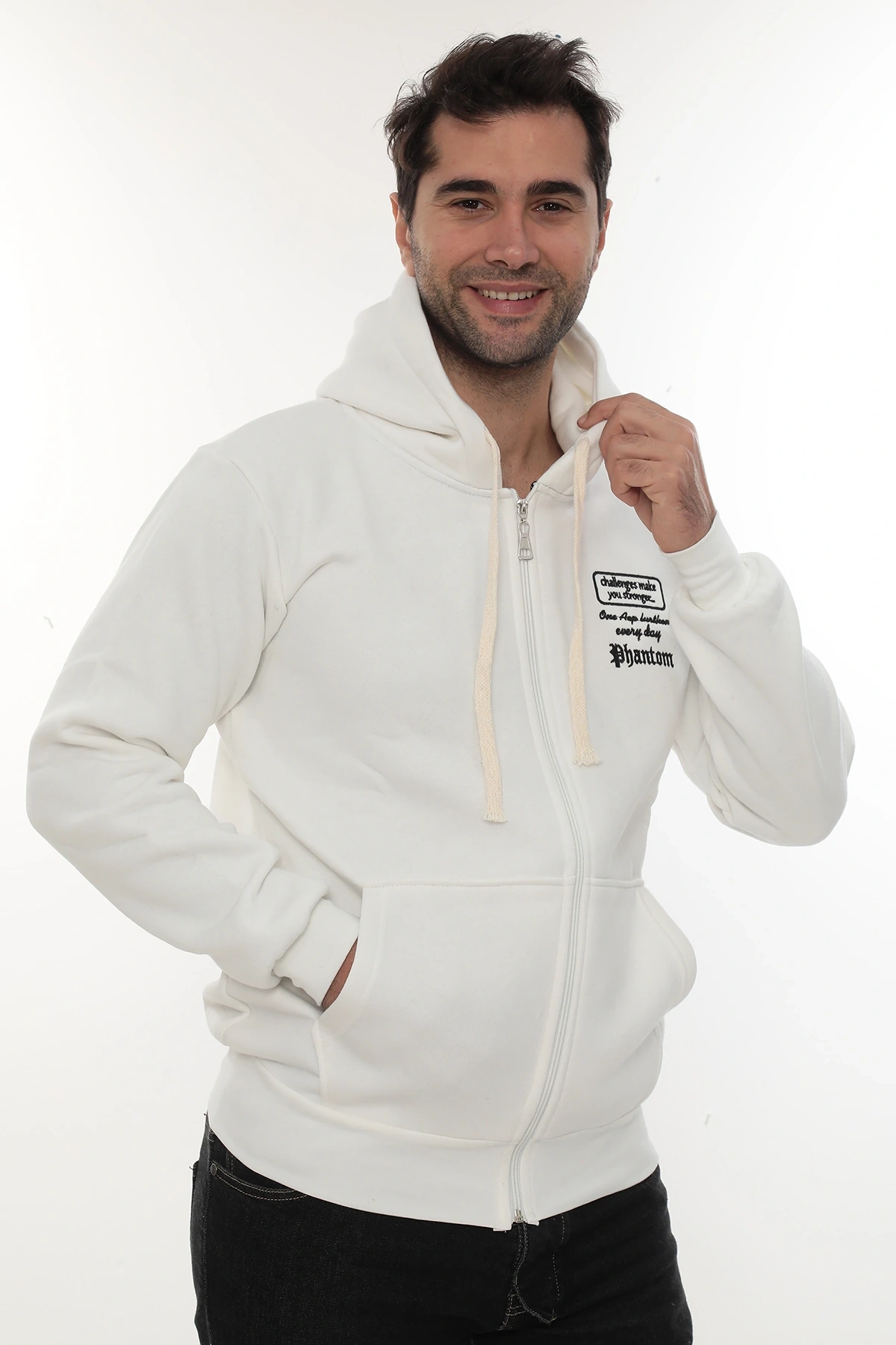 Erkek Beyaz Standart Fit Normal Kesim Içi Polarlı Tam Fermuarlı Kapüşonlu Pamuklu Sweatshirt