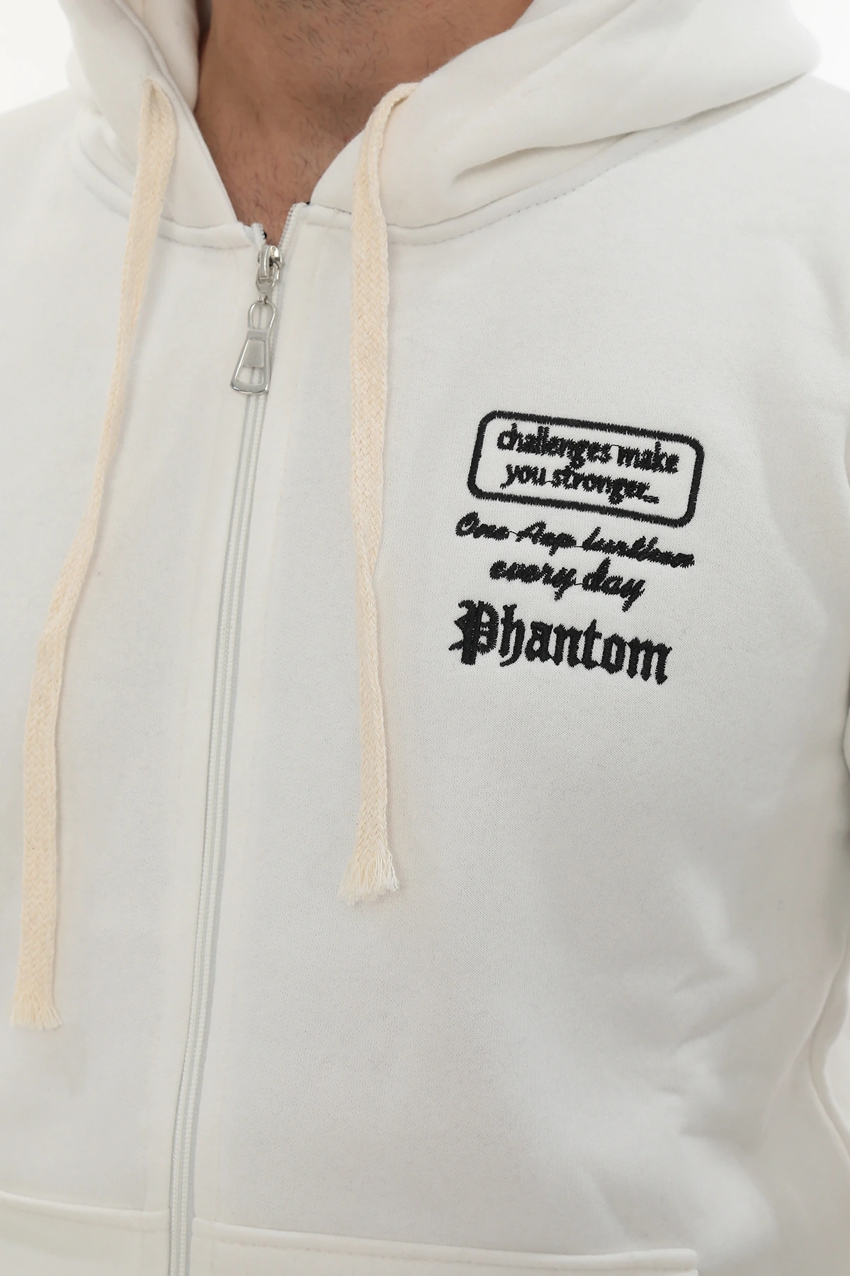 Erkek Beyaz Standart Fit Normal Kesim Içi Polarlı Tam Fermuarlı Kapüşonlu Pamuklu Sweatshirt