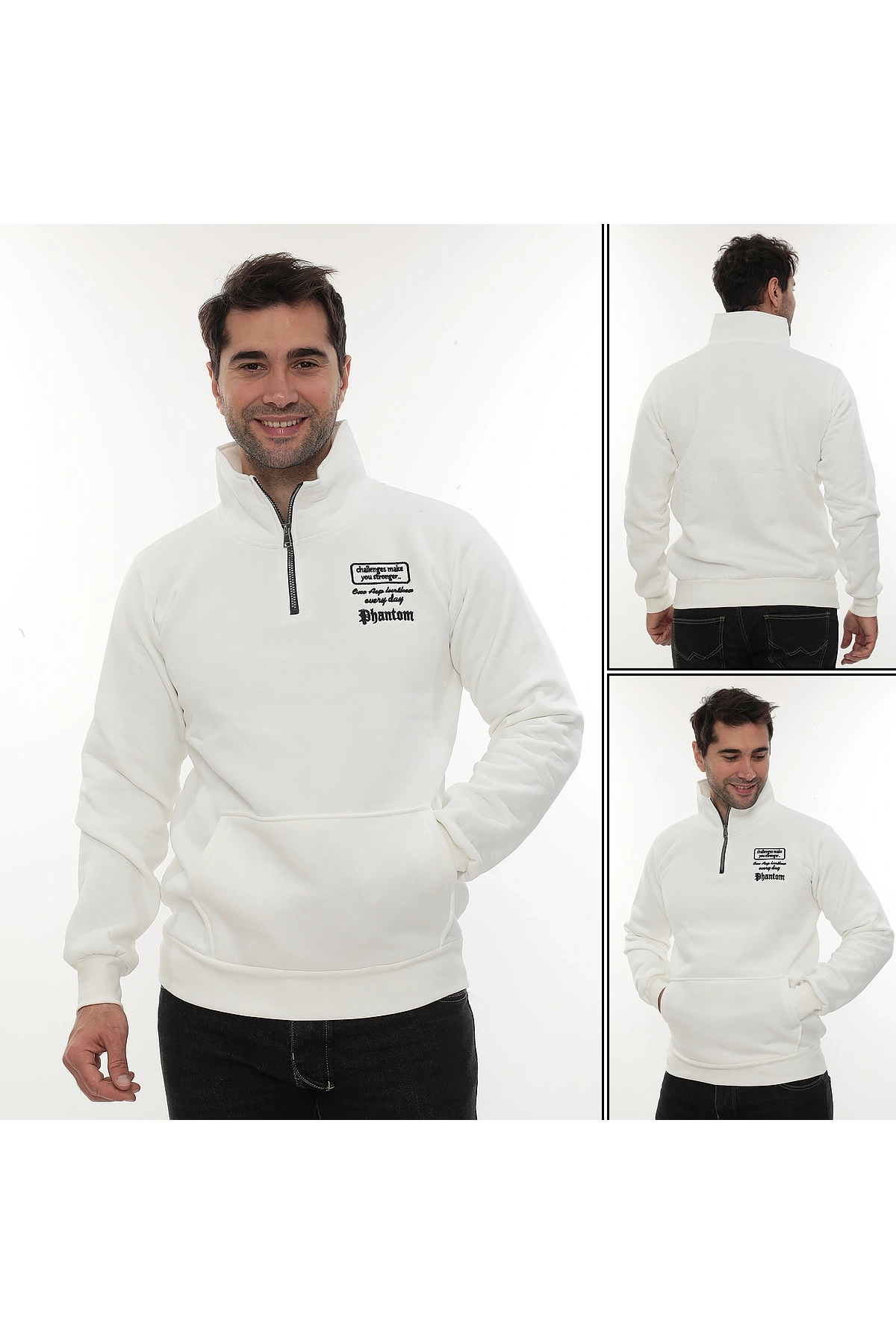 Erkek Beyaz Standart Fit Normal Kesim Içi Polarlı Yarım Fermuarlı Dik Bato Yaka Pamuklu Sweatshirt