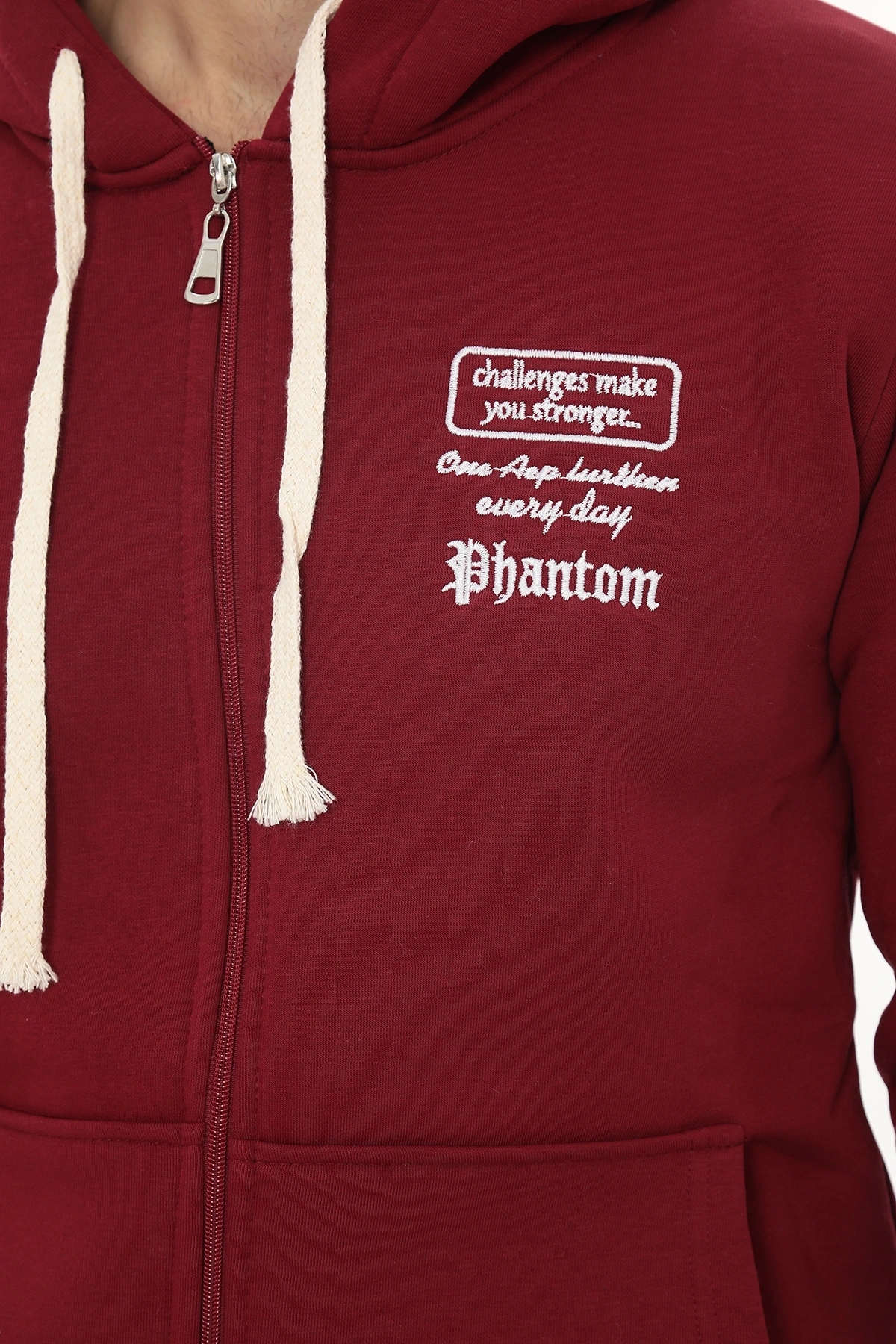 Erkek Bordo Standart Fit Normal Kesim Içi Polarlı Tam Fermuarlı Kapüşonlu Pamuklu Sweatshirt