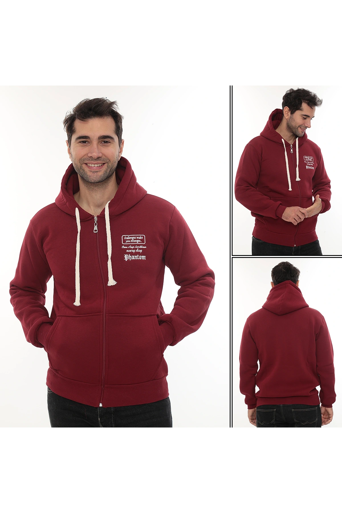 Erkek Bordo Standart Fit Normal Kesim Içi Polarlı Tam Fermuarlı Kapüşonlu Pamuklu Sweatshirt