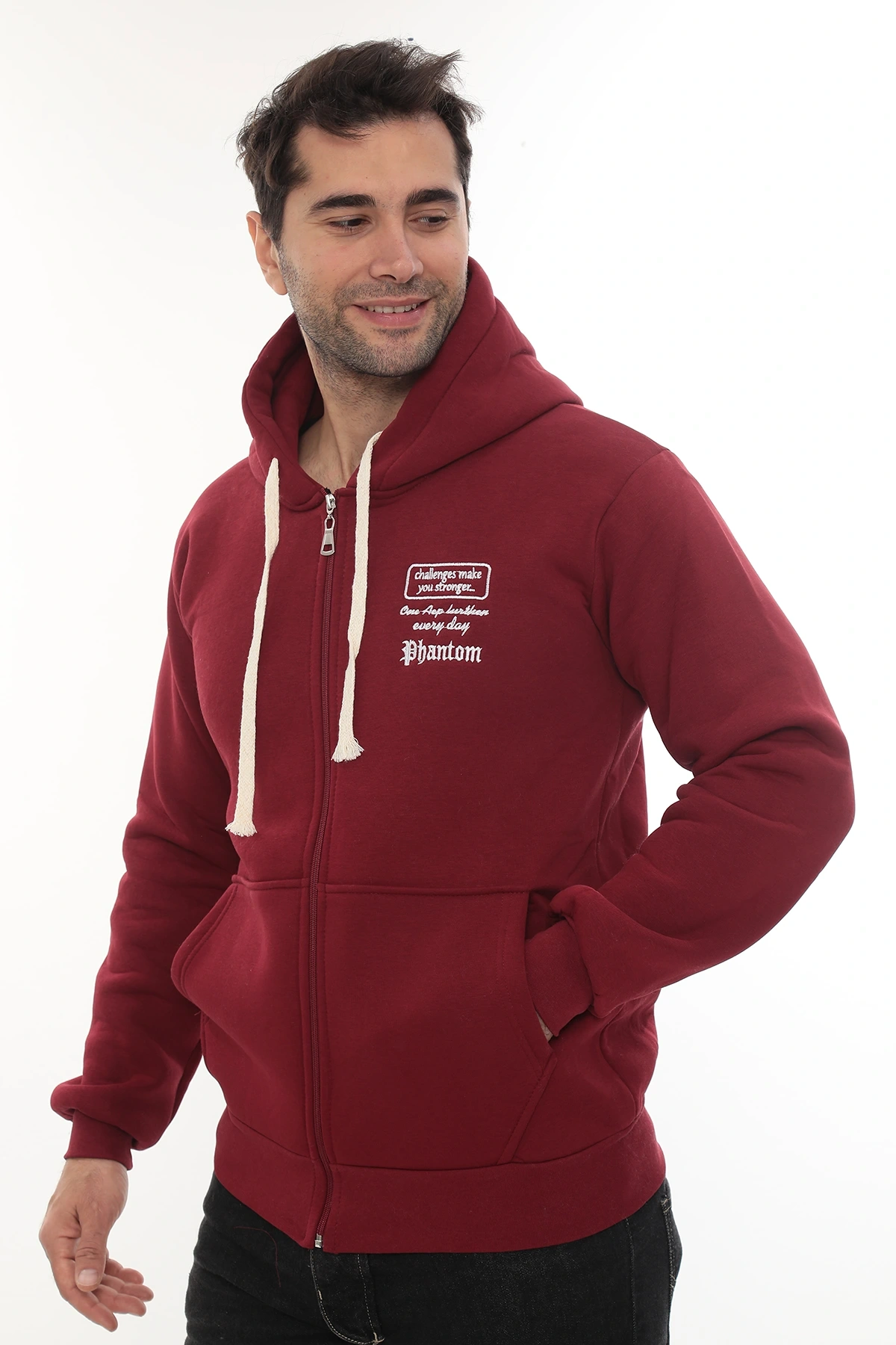 Erkek Bordo Standart Fit Normal Kesim Içi Polarlı Tam Fermuarlı Kapüşonlu Pamuklu Sweatshirt