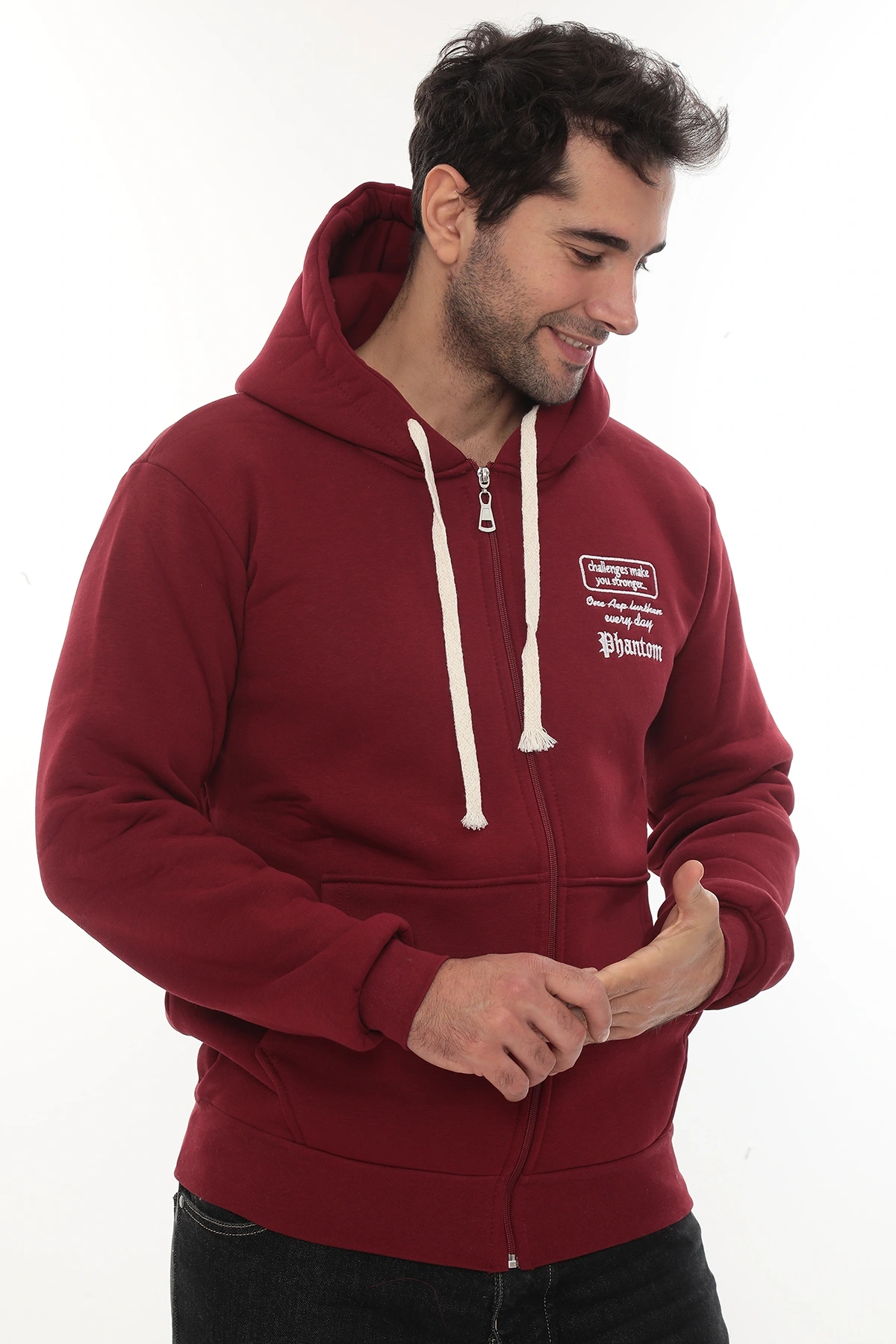 Erkek Bordo Standart Fit Normal Kesim Içi Polarlı Tam Fermuarlı Kapüşonlu Pamuklu Sweatshirt