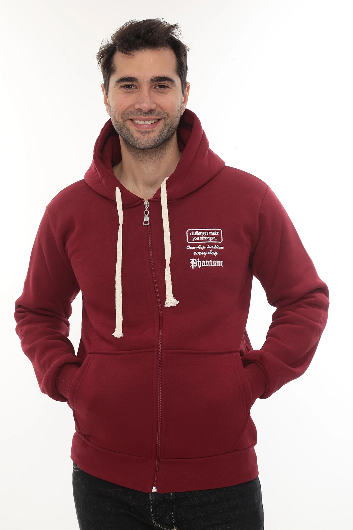 Erkek Bordo Standart Fit Normal Kesim Içi Polarlı Tam Fermuarlı Kapüşonlu Pamuklu Sweatshirt