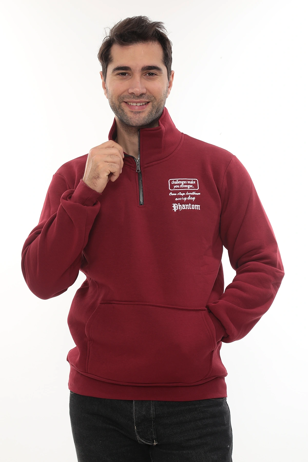 Erkek Bordo Standart Fit Normal Kesim Içi Polarlı Yarım Fermuarlı Dik Bato Yaka Pamuklu Sweatshirt