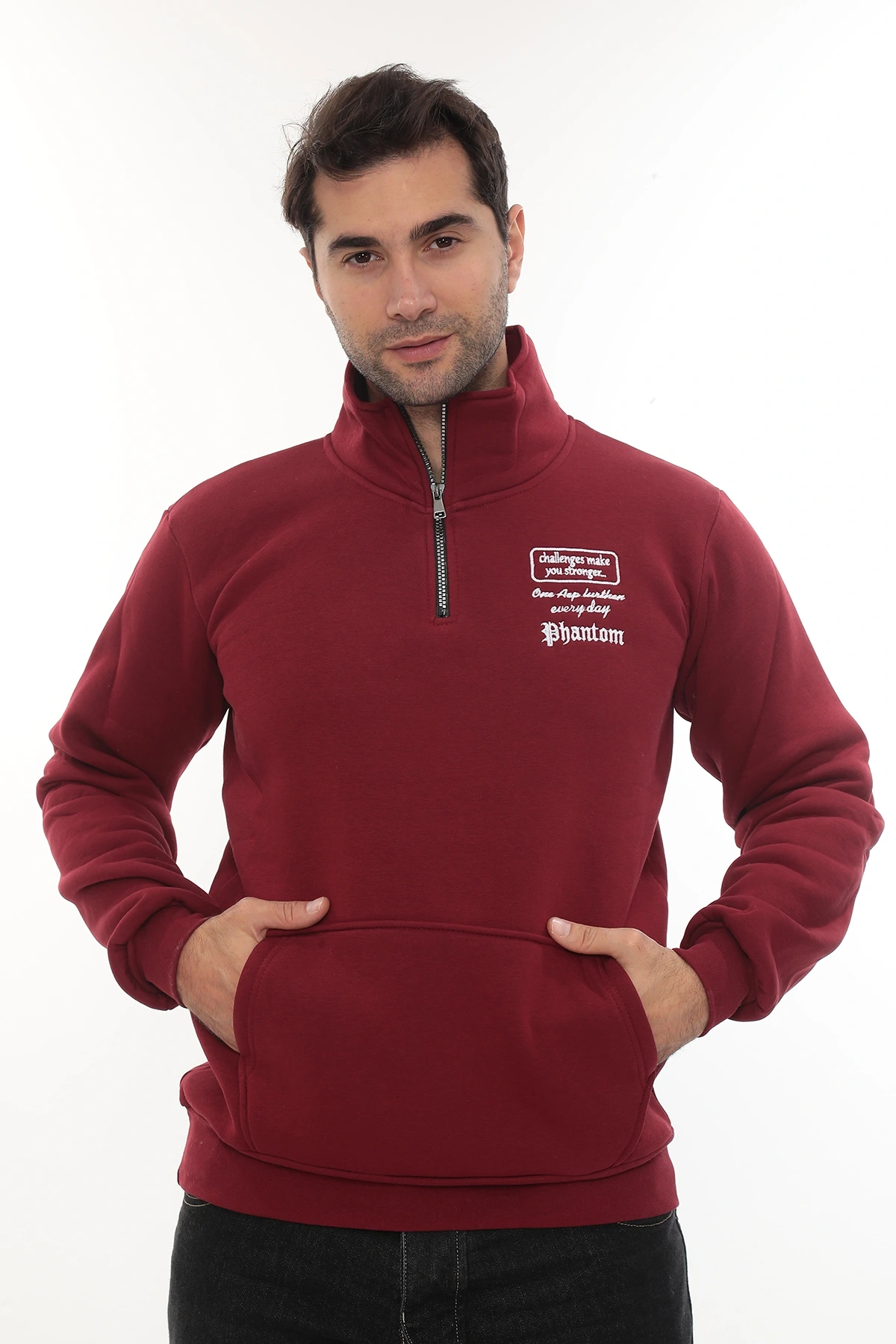 Erkek Bordo Standart Fit Normal Kesim Içi Polarlı Yarım Fermuarlı Dik Bato Yaka Pamuklu Sweatshirt