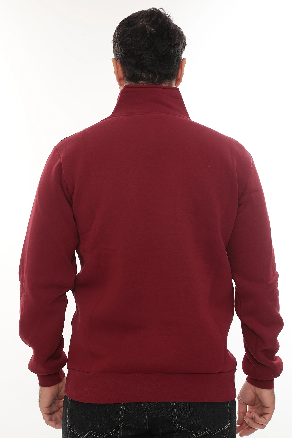 Erkek Bordo Standart Fit Normal Kesim Içi Polarlı Yarım Fermuarlı Dik Bato Yaka Pamuklu Sweatshirt