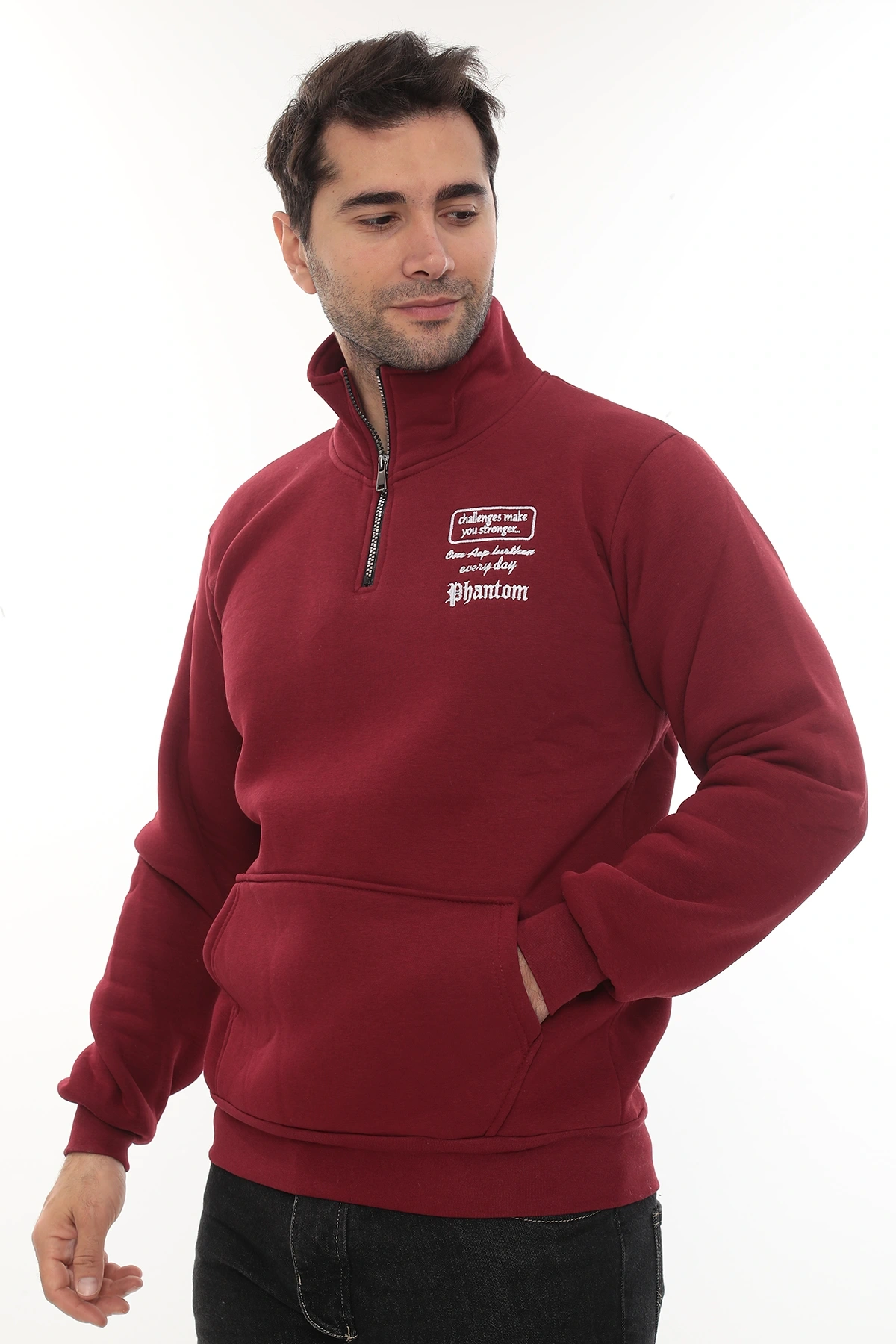 Erkek Bordo Standart Fit Normal Kesim Içi Polarlı Yarım Fermuarlı Dik Bato Yaka Pamuklu Sweatshirt