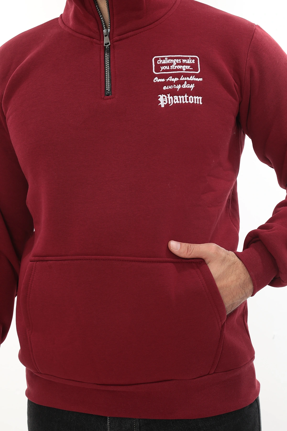 Erkek Bordo Standart Fit Normal Kesim Içi Polarlı Yarım Fermuarlı Dik Bato Yaka Pamuklu Sweatshirt