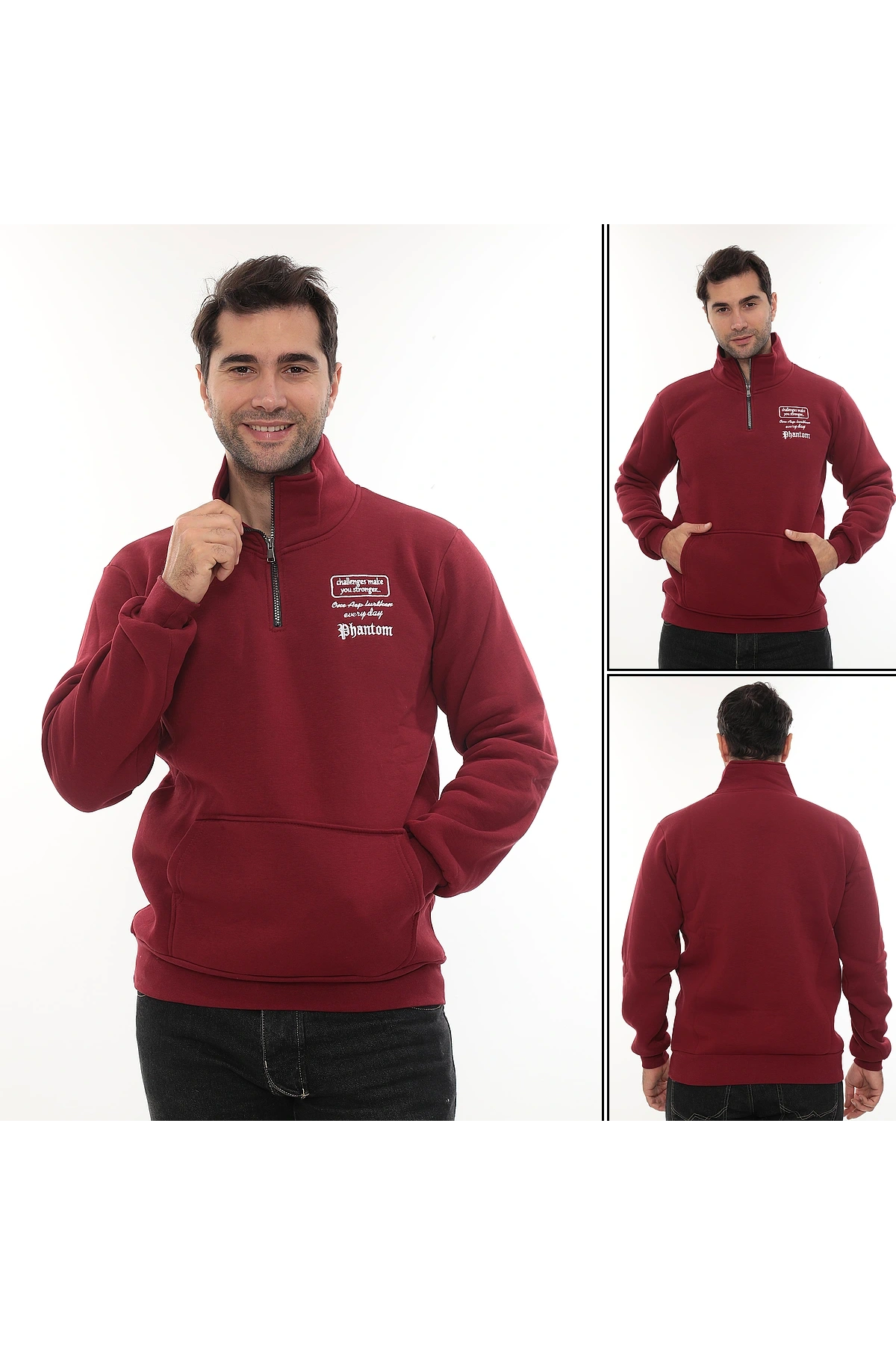 Erkek Bordo Standart Fit Normal Kesim Içi Polarlı Yarım Fermuarlı Dik Bato Yaka Pamuklu Sweatshirt