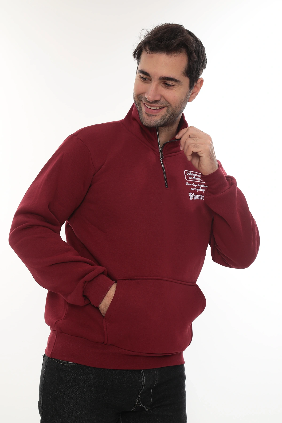 Erkek Bordo Standart Fit Normal Kesim Içi Polarlı Yarım Fermuarlı Dik Bato Yaka Pamuklu Sweatshirt