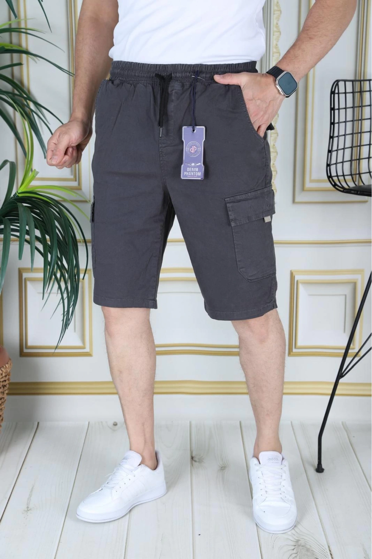 Erkek Füme Likralı Gabardin Şort Kargo Cepli Pamuklu Beli Lastikli Bağcıklı Basic Şort