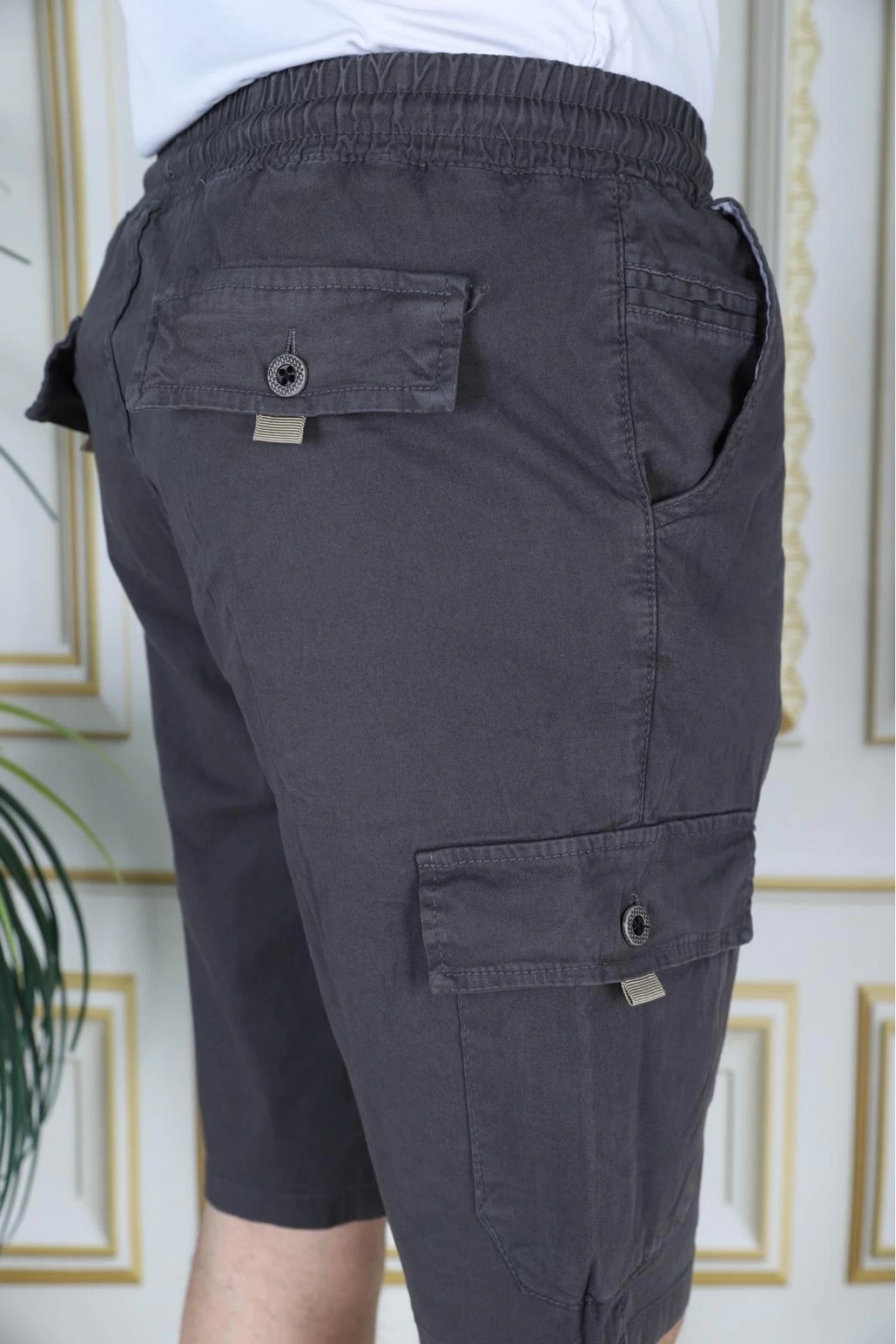 Erkek Füme Likralı Gabardin Şort Kargo Cepli Pamuklu Beli Lastikli Bağcıklı Basic Şort