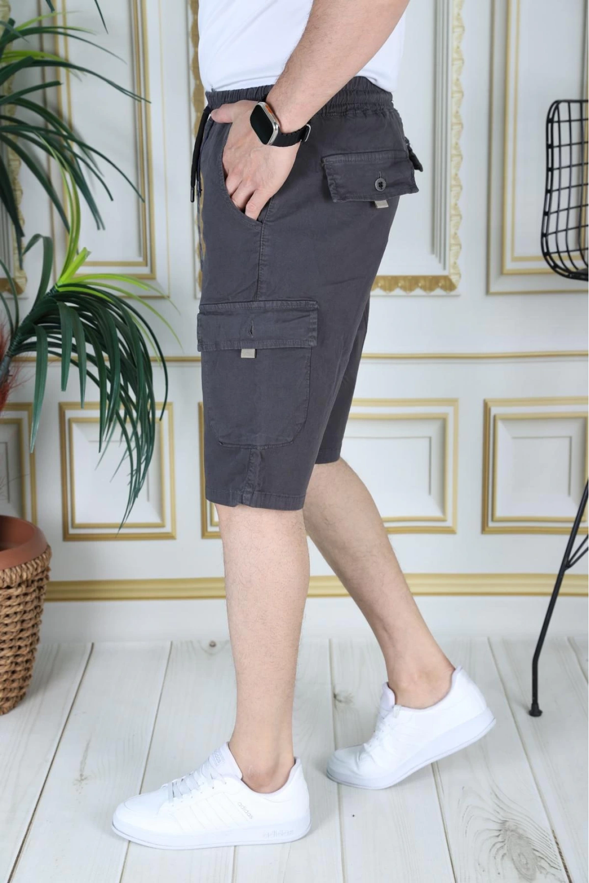 Erkek Füme Likralı Gabardin Şort Kargo Cepli Pamuklu Beli Lastikli Bağcıklı Basic Şort