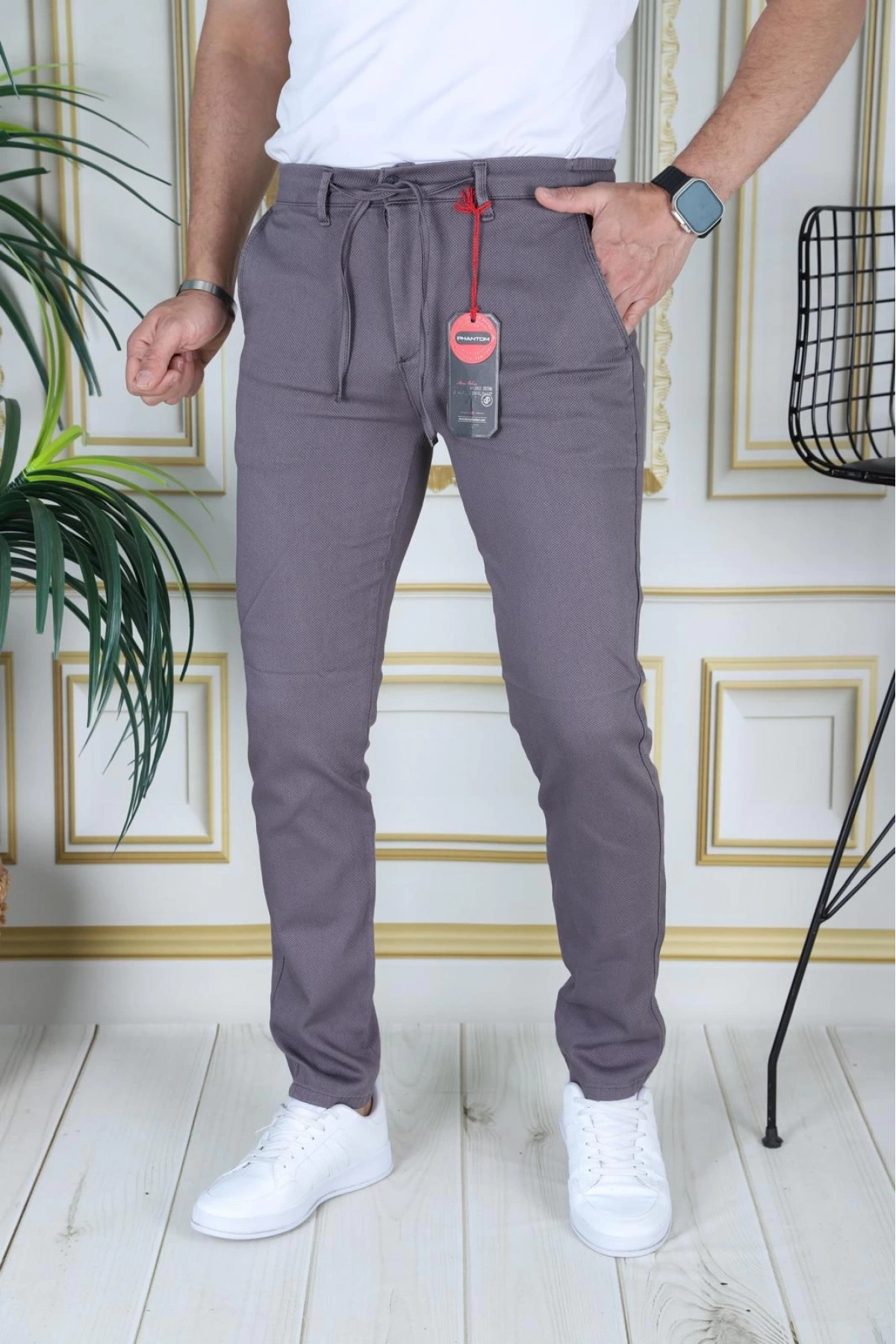 Erkek Füme Slim Fit Esnek Likralı Armürlü Keten Pantolon Bağcıklı Kemerli Beli Lastikli Şık Pantolon