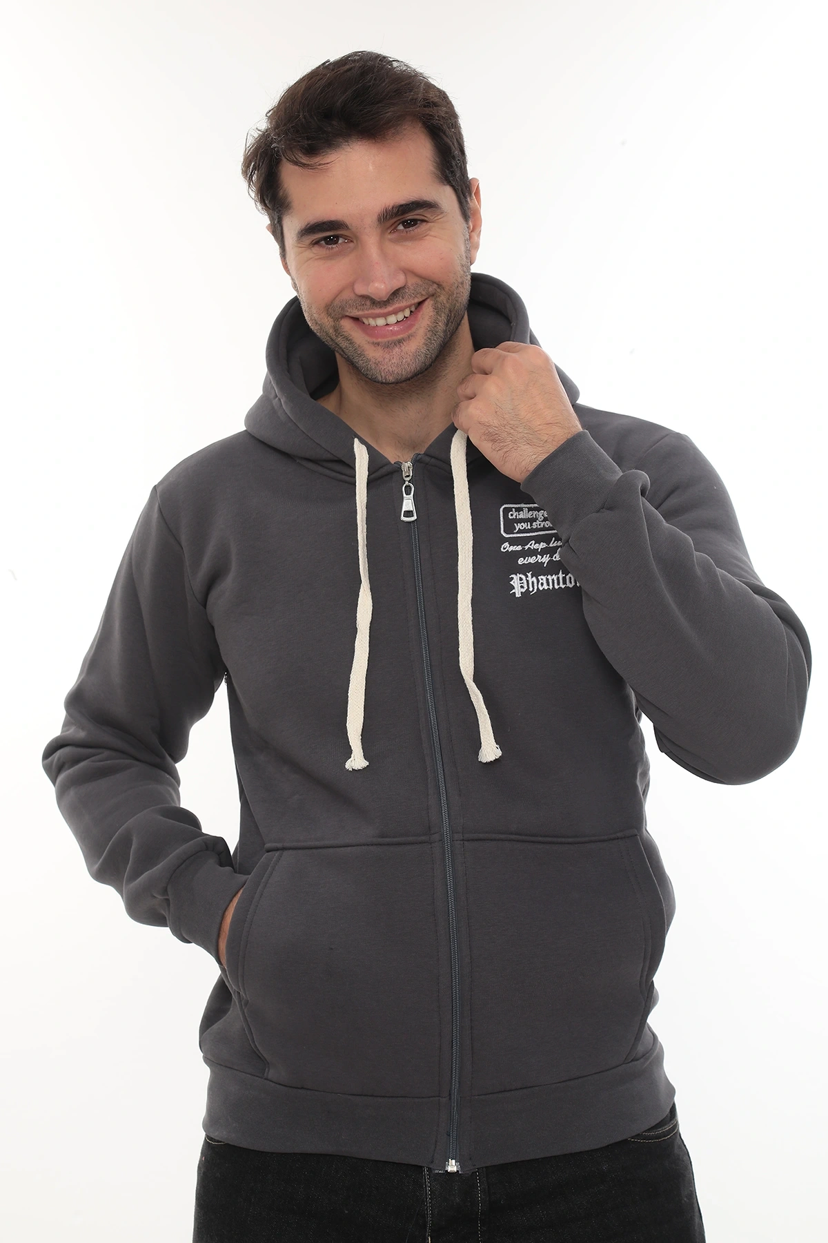 Erkek Füme Standart Fit Normal Kesim Içi Polarlı Tam Fermuarlı Kapüşonlu Pamuklu Sweatshirt