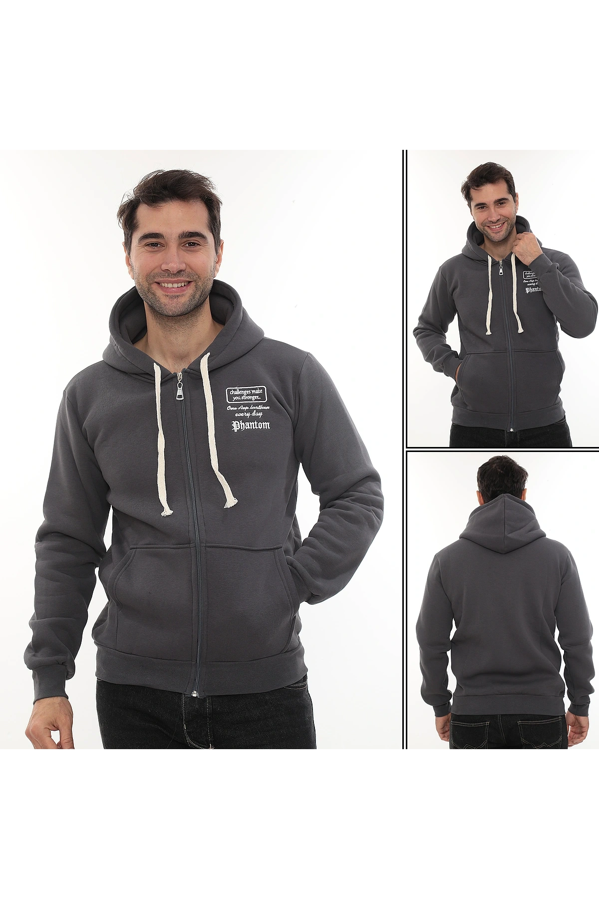 Erkek Füme Standart Fit Normal Kesim Içi Polarlı Tam Fermuarlı Kapüşonlu Pamuklu Sweatshirt