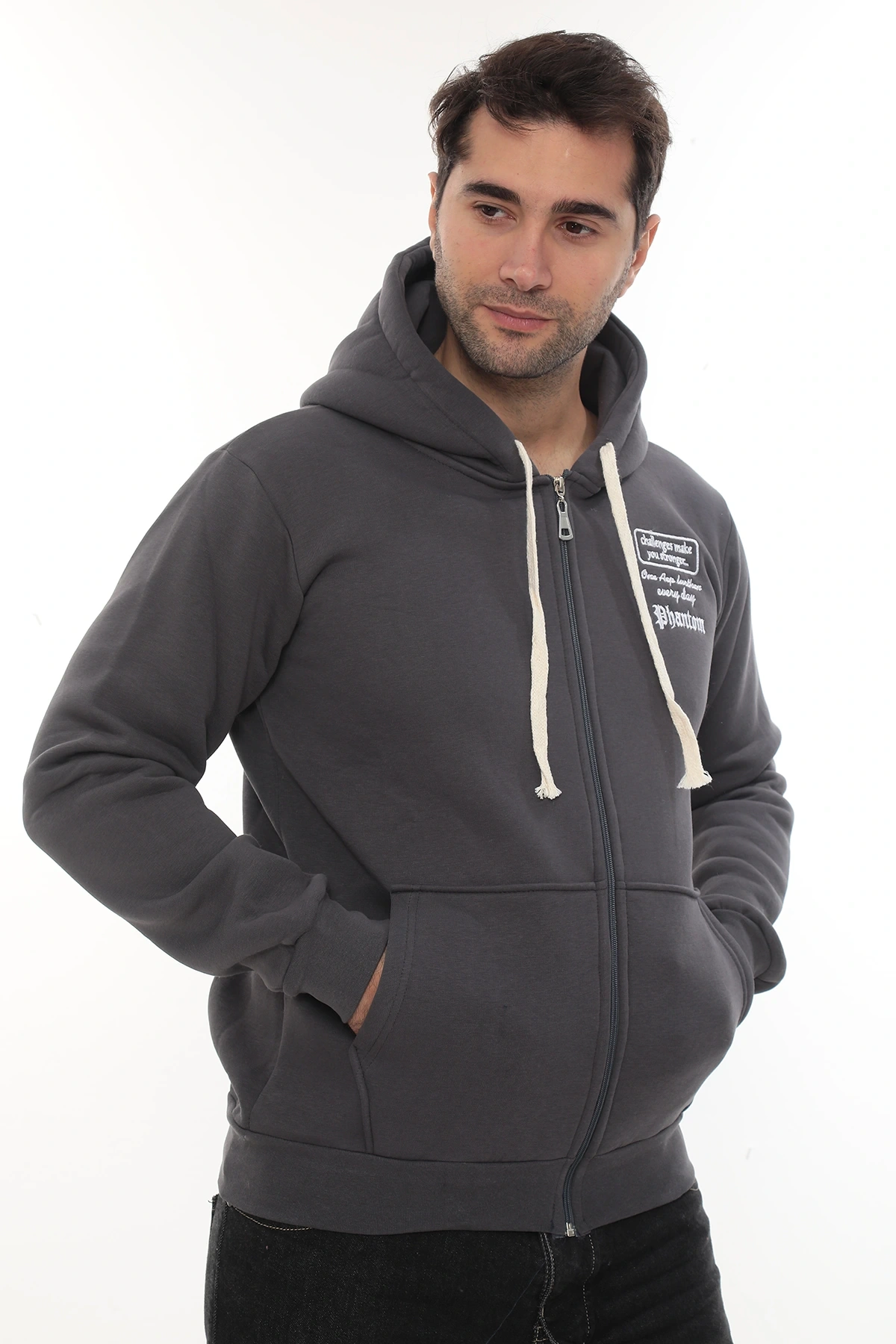 Erkek Füme Standart Fit Normal Kesim Içi Polarlı Tam Fermuarlı Kapüşonlu Pamuklu Sweatshirt