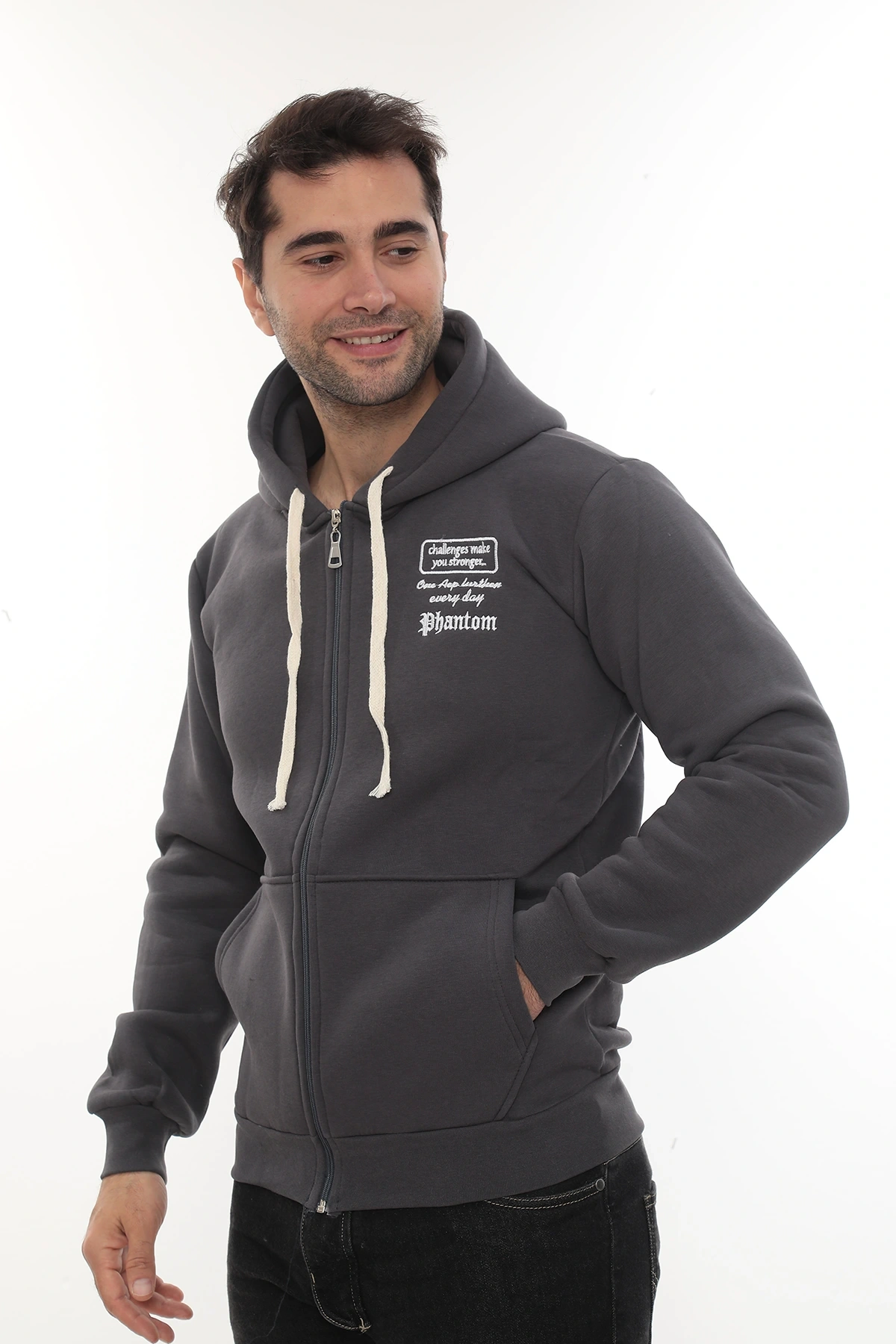 Erkek Füme Standart Fit Normal Kesim Içi Polarlı Tam Fermuarlı Kapüşonlu Pamuklu Sweatshirt