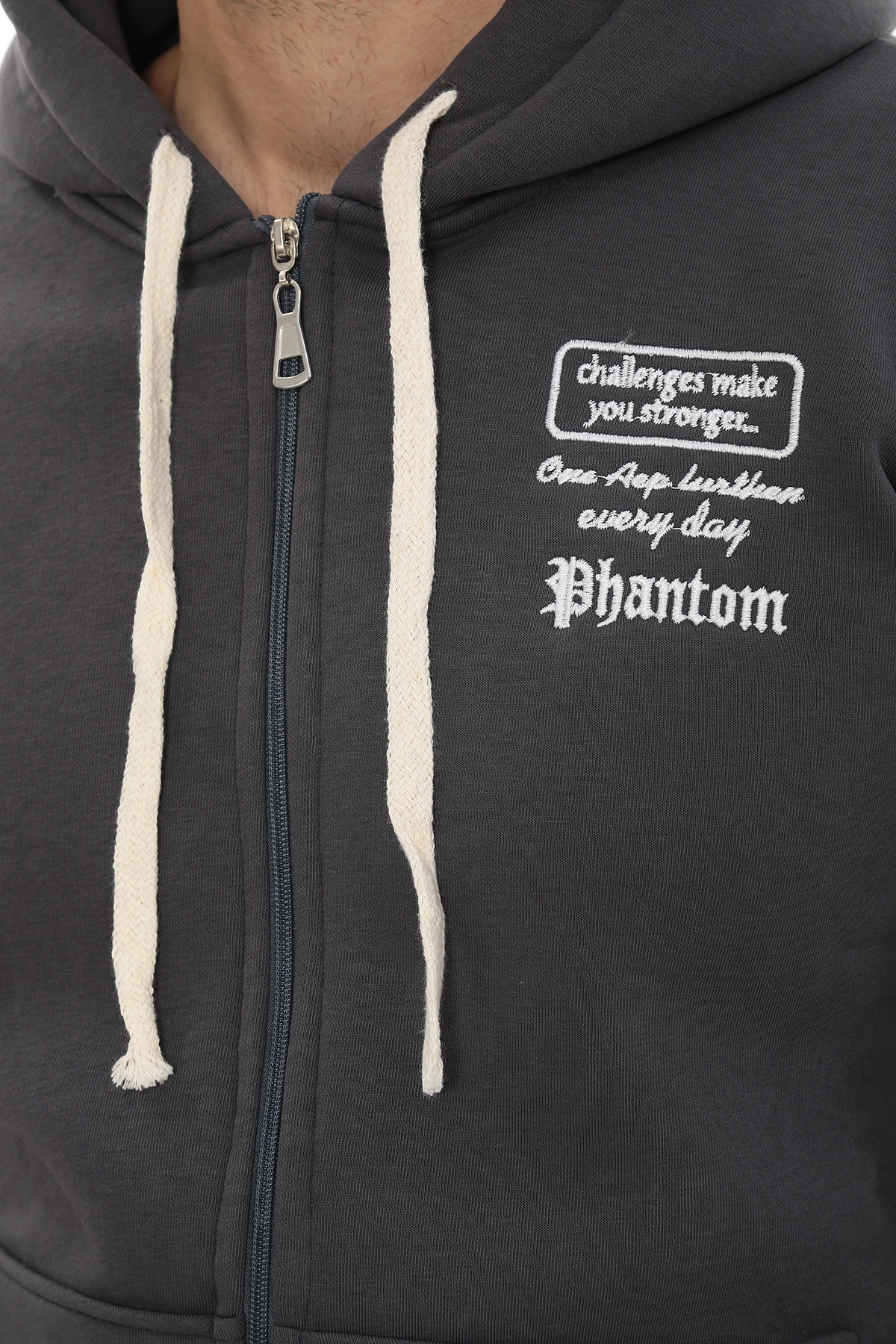 Erkek Füme Standart Fit Normal Kesim Içi Polarlı Tam Fermuarlı Kapüşonlu Pamuklu Sweatshirt