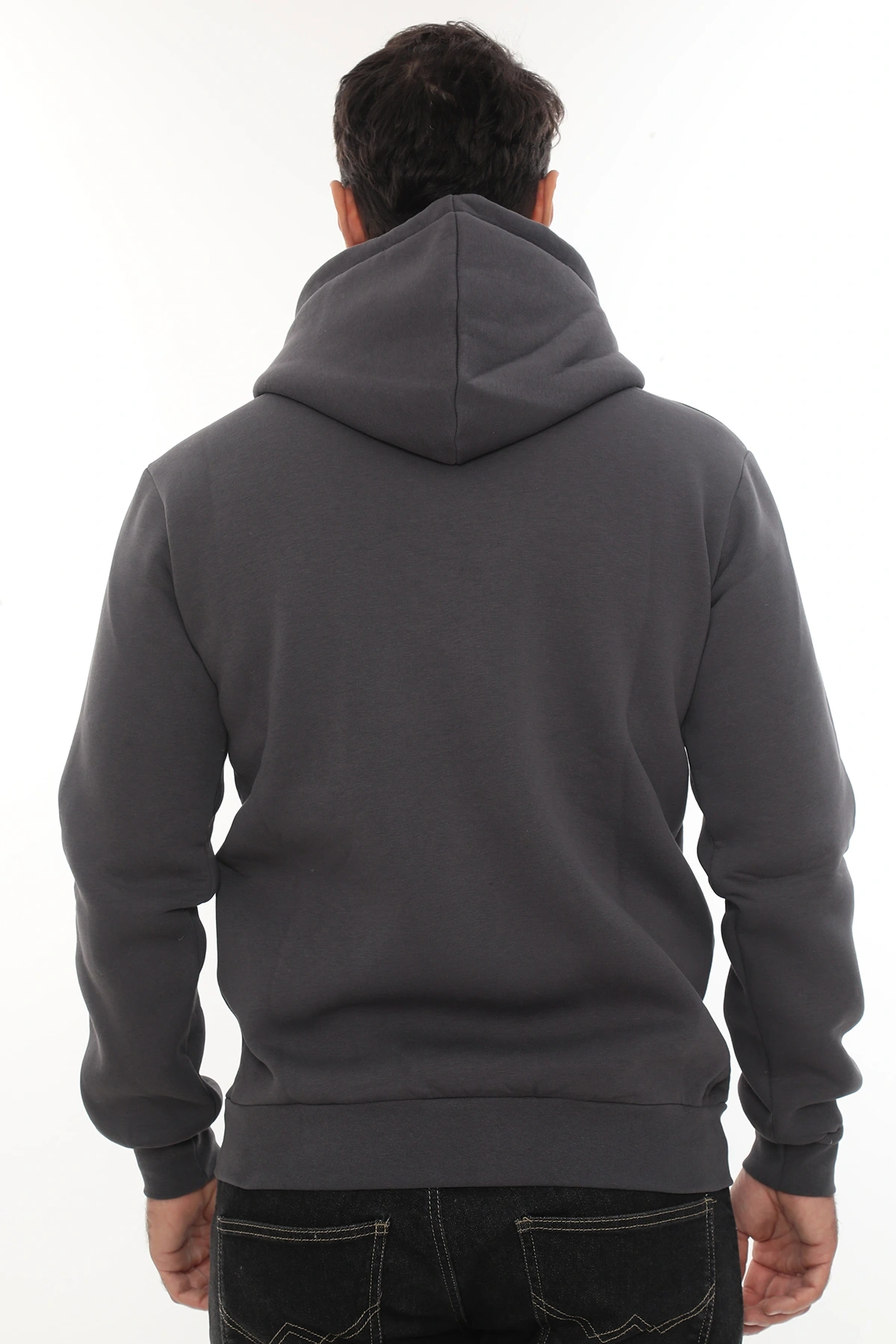 Erkek Füme Standart Fit Normal Kesim Içi Polarlı Tam Fermuarlı Kapüşonlu Pamuklu Sweatshirt