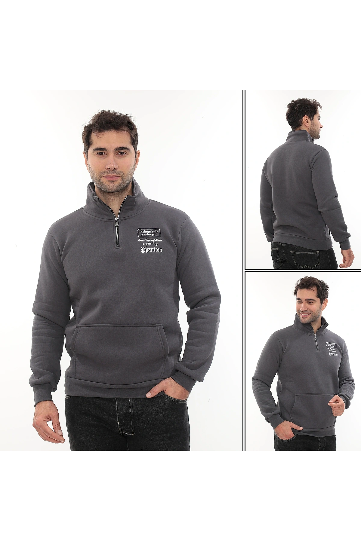 Erkek Füme Standart Fit Normal Kesim Içi Polarlı Yarım Fermuarlı Dik Bato Yaka Pamuklu Sweatshirt