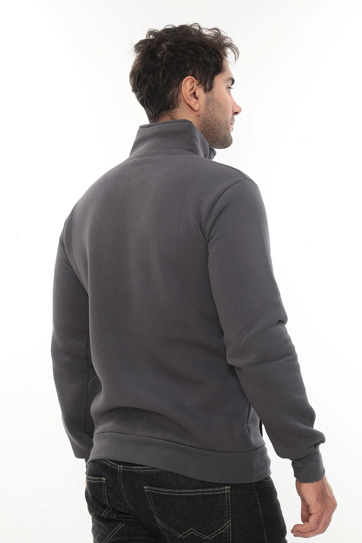 Erkek Füme Standart Fit Normal Kesim Içi Polarlı Yarım Fermuarlı Dik Bato Yaka Pamuklu Sweatshirt