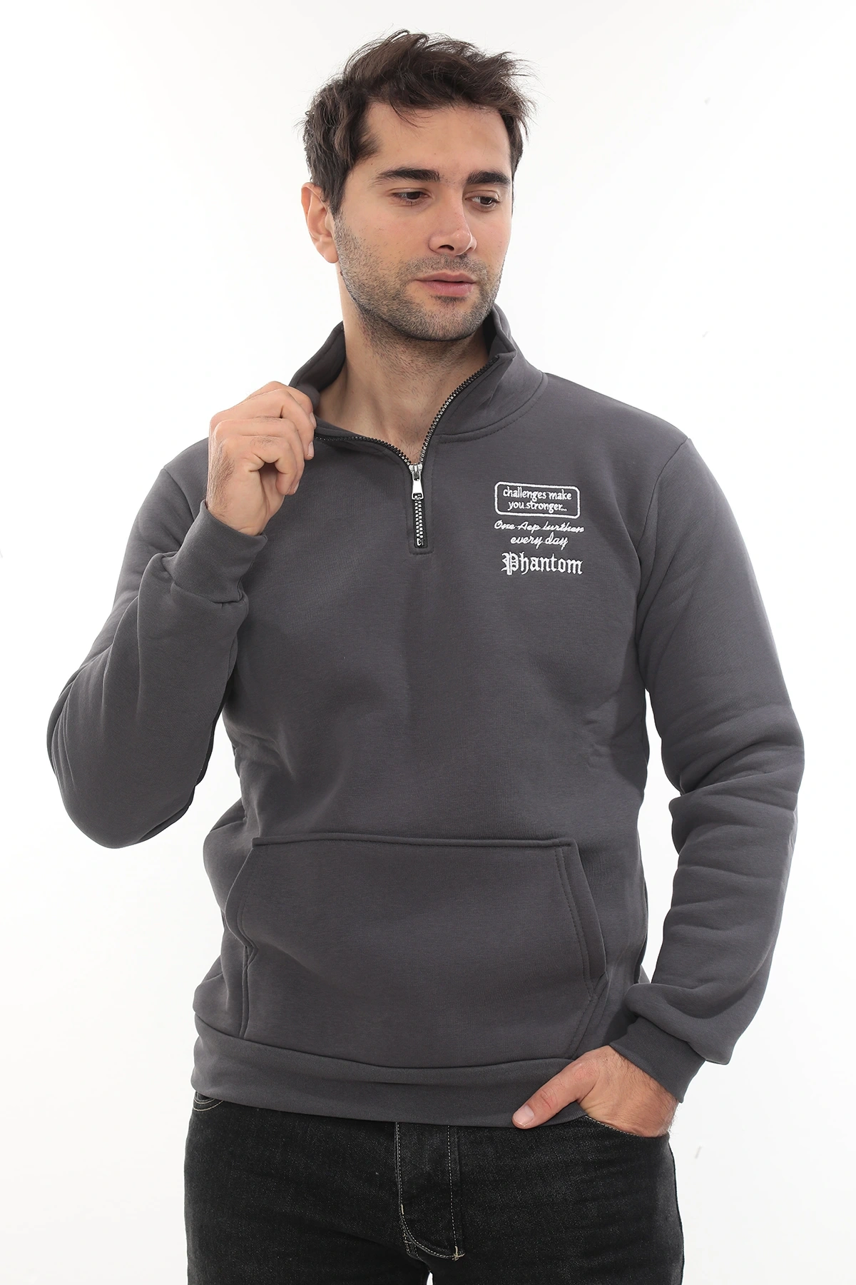 Erkek Füme Standart Fit Normal Kesim Içi Polarlı Yarım Fermuarlı Dik Bato Yaka Pamuklu Sweatshirt