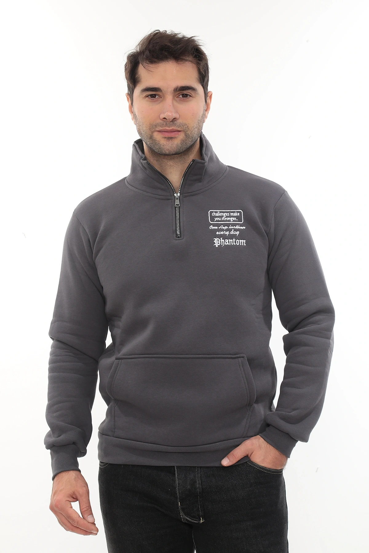 Erkek Füme Standart Fit Normal Kesim Içi Polarlı Yarım Fermuarlı Dik Bato Yaka Pamuklu Sweatshirt