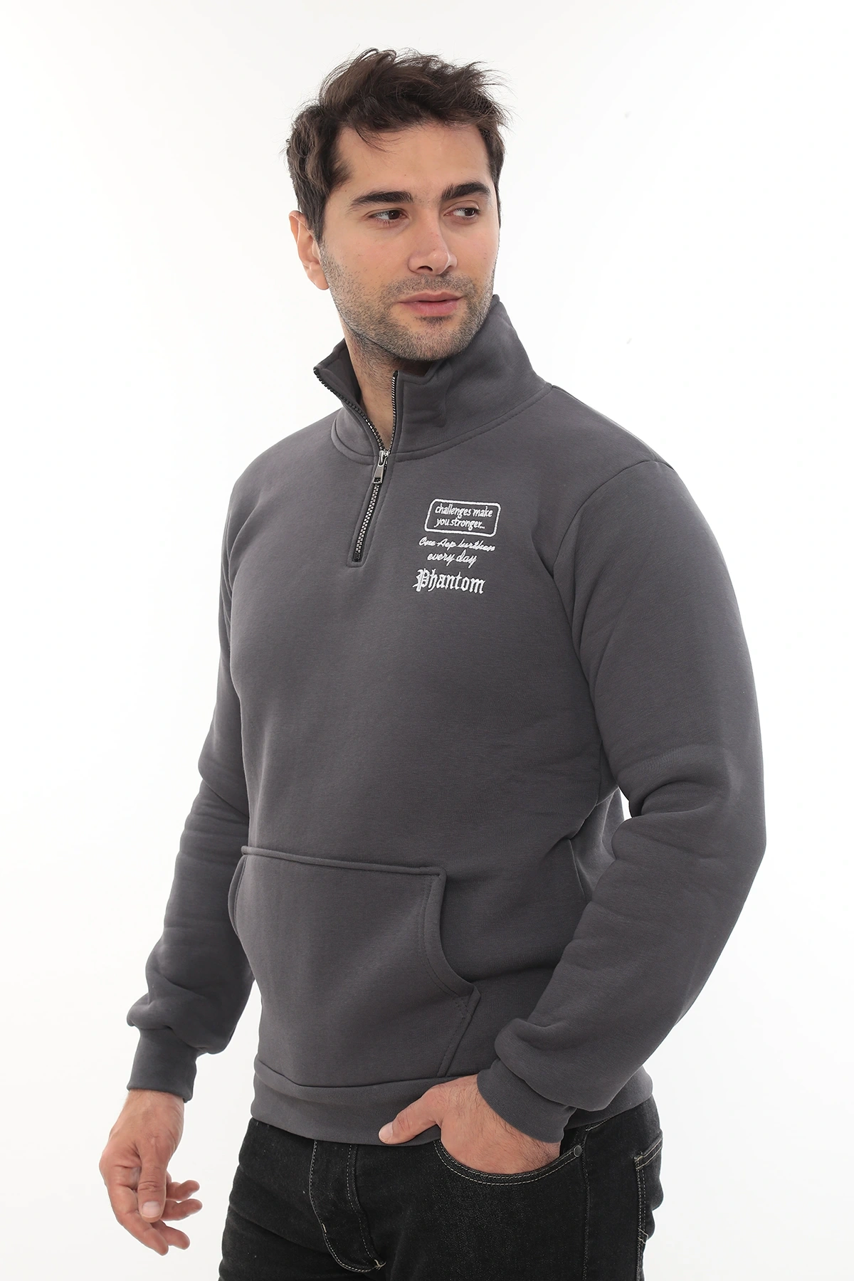 Erkek Füme Standart Fit Normal Kesim Içi Polarlı Yarım Fermuarlı Dik Bato Yaka Pamuklu Sweatshirt