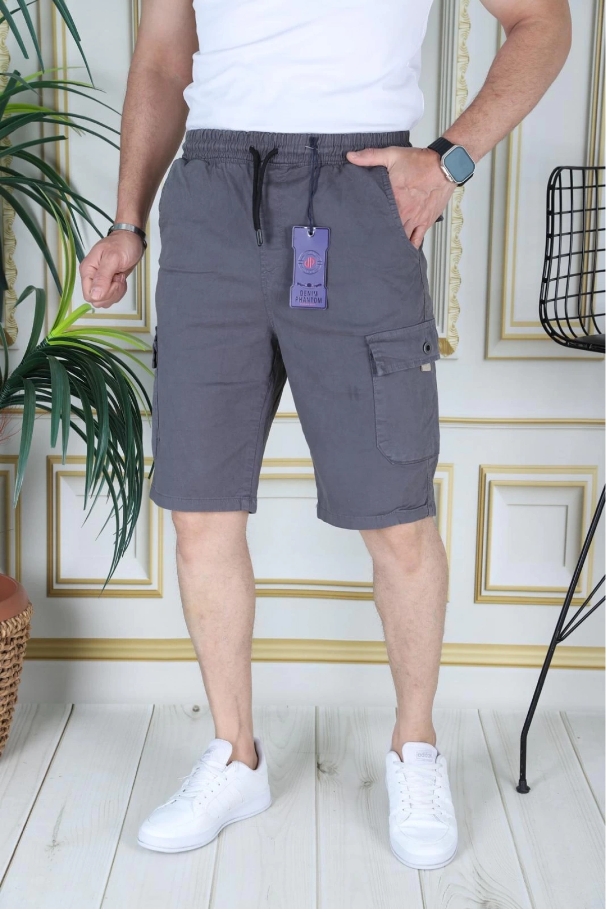 Erkek Gri Likralı Gabardin Şort Kargo Cepli Pamuklu Beli Lastikli Bağcıklı Basic Şort