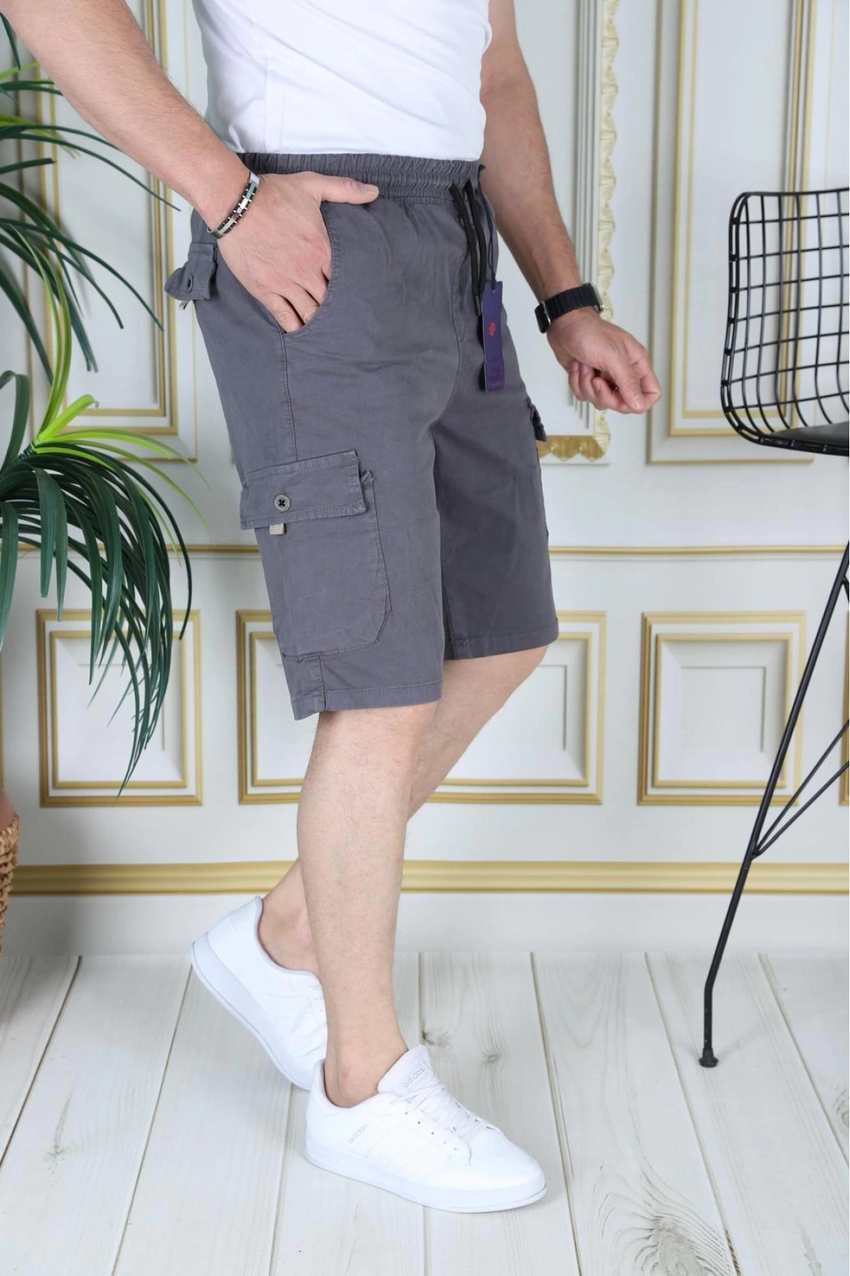 Erkek Gri Likralı Gabardin Şort Kargo Cepli Pamuklu Beli Lastikli Bağcıklı Basic Şort