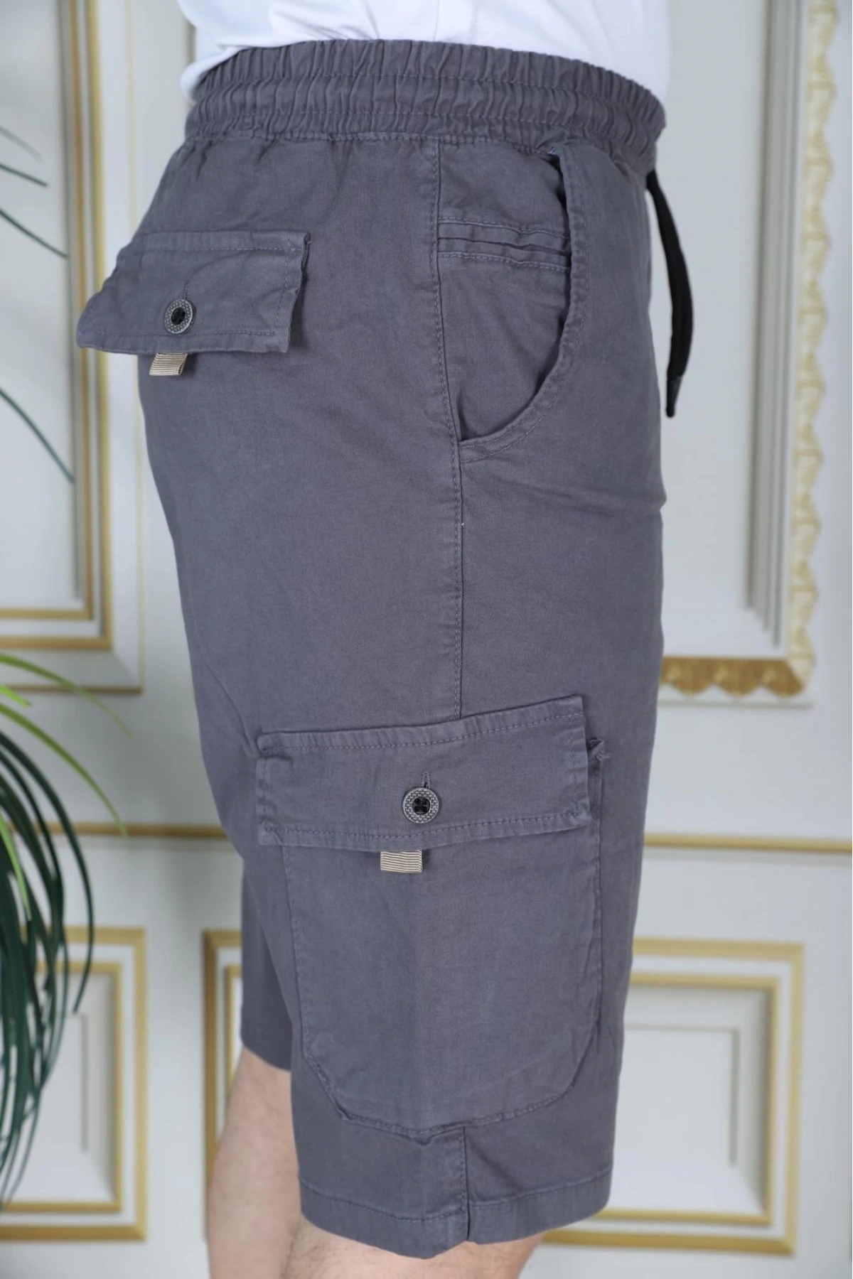 Erkek Gri Likralı Gabardin Şort Kargo Cepli Pamuklu Beli Lastikli Bağcıklı Basic Şort
