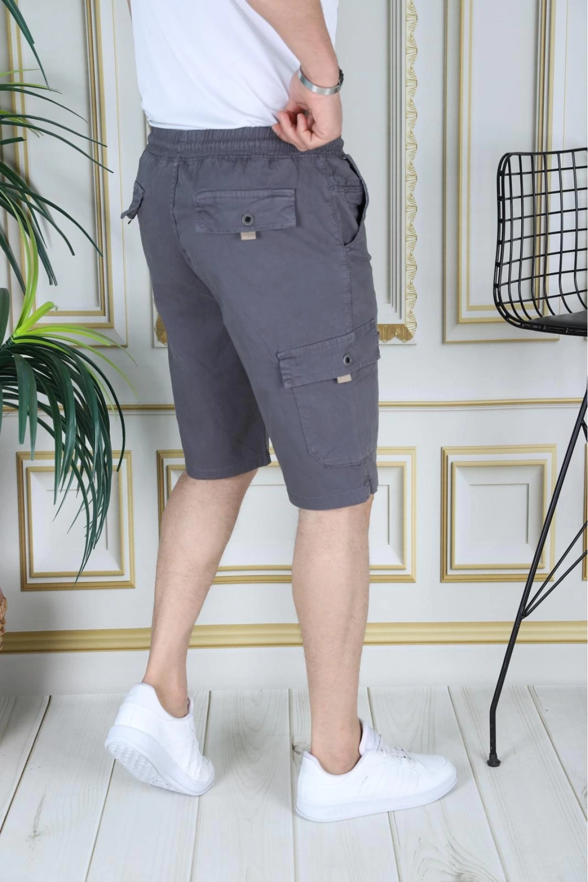 Erkek Gri Likralı Gabardin Şort Kargo Cepli Pamuklu Beli Lastikli Bağcıklı Basic Şort