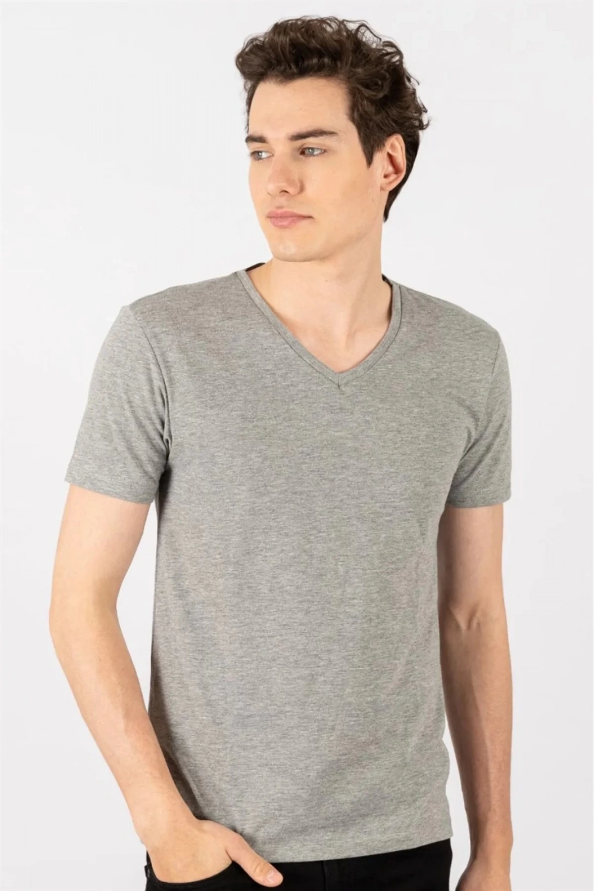Erkek Gri Likralı Şık Pamuklu Yumuşak Dokulu Slim Fit Dar Kesim V Yaka Basic Tişört
