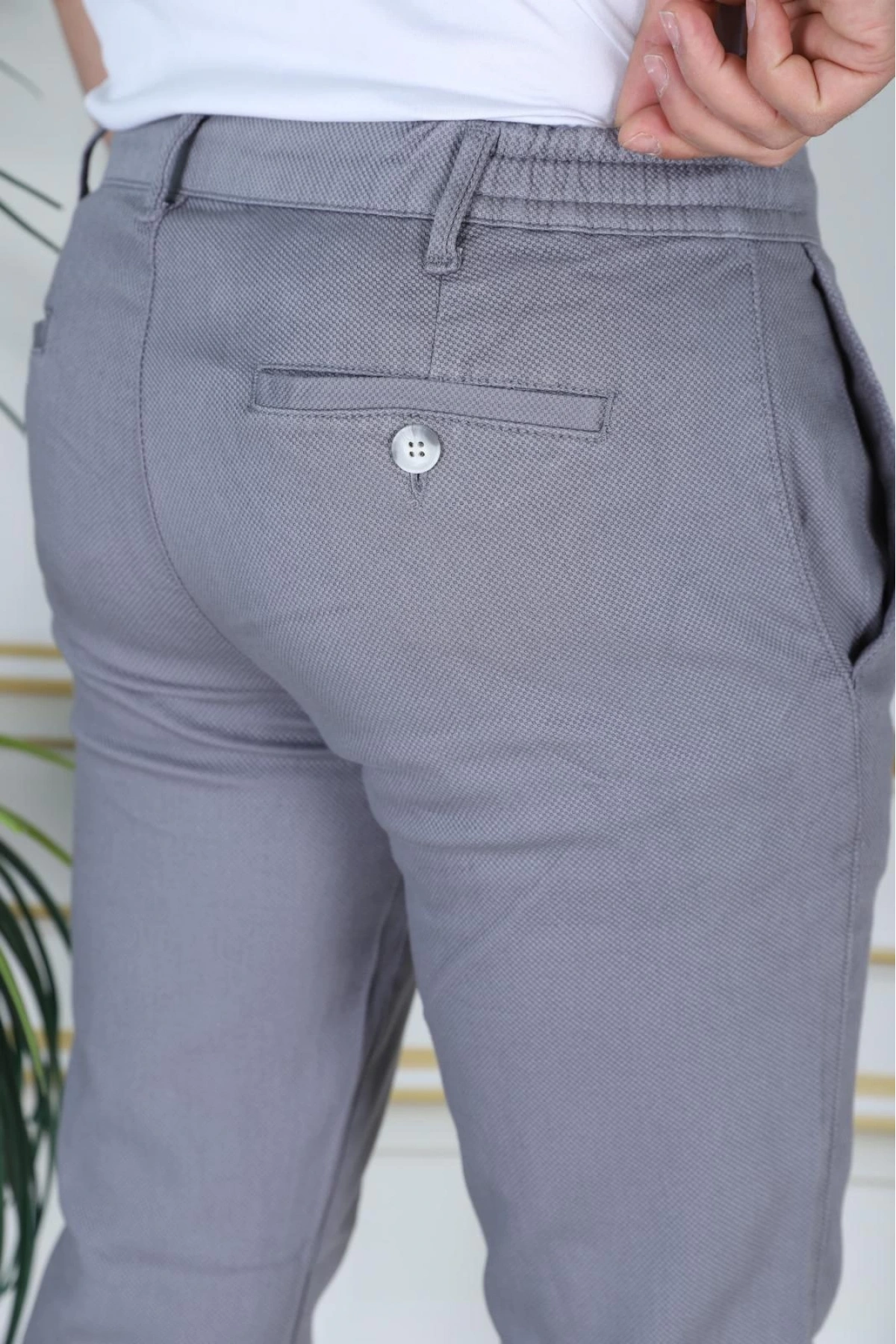 Erkek Gri Slim Fit Esnek Likralı Armürlü Keten Pantolon Bağcıklı Kemerli Beli Lastikli Şık Pantolon