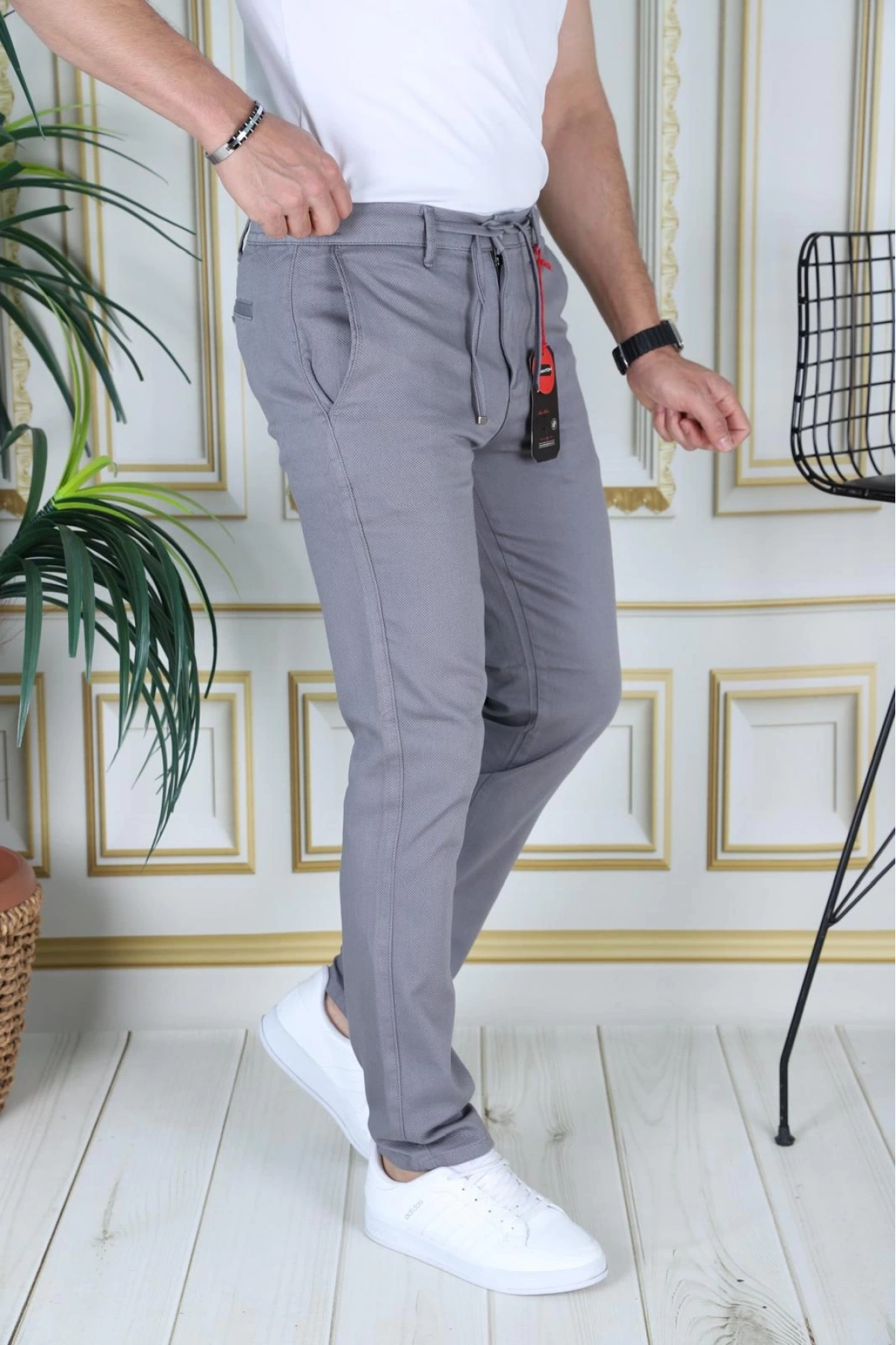 Erkek Gri Slim Fit Esnek Likralı Armürlü Keten Pantolon Bağcıklı Kemerli Beli Lastikli Şık Pantolon