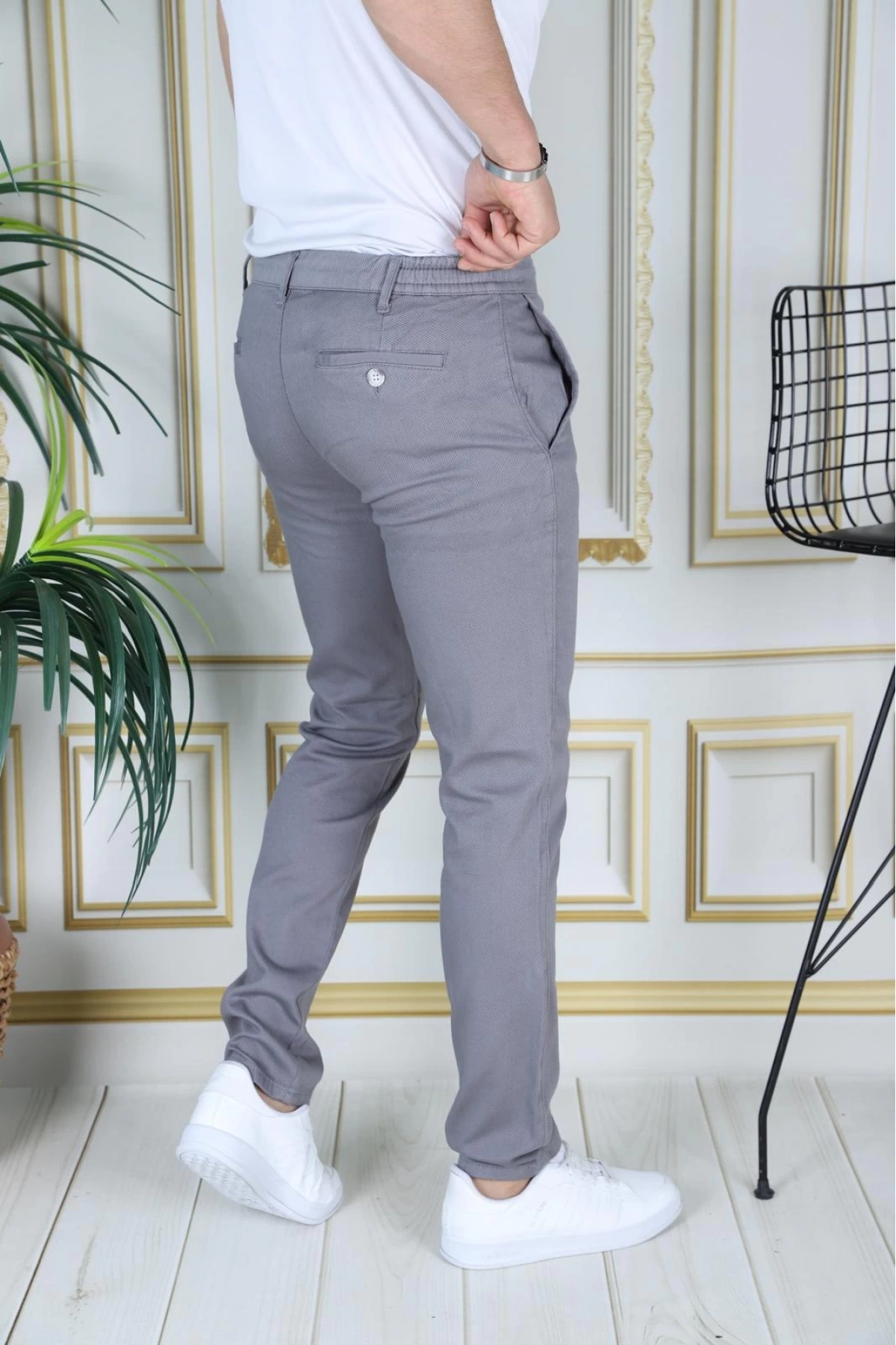 Erkek Gri Slim Fit Esnek Likralı Armürlü Keten Pantolon Bağcıklı Kemerli Beli Lastikli Şık Pantolon