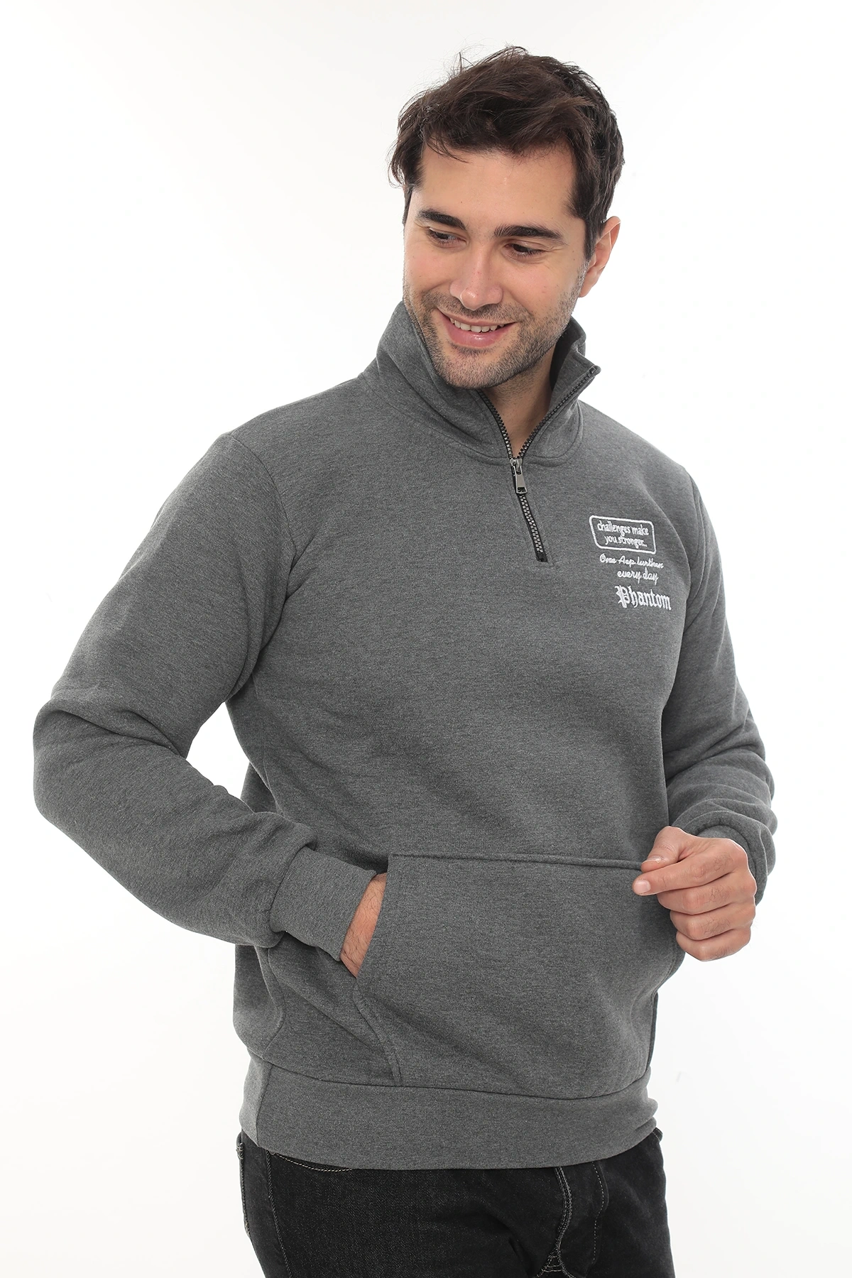 Erkek Gri Standart Fit Normal Kesim Içi Polarlı Yarım Fermuarlı Dik Bato Yaka Pamuklu Sweatshirt