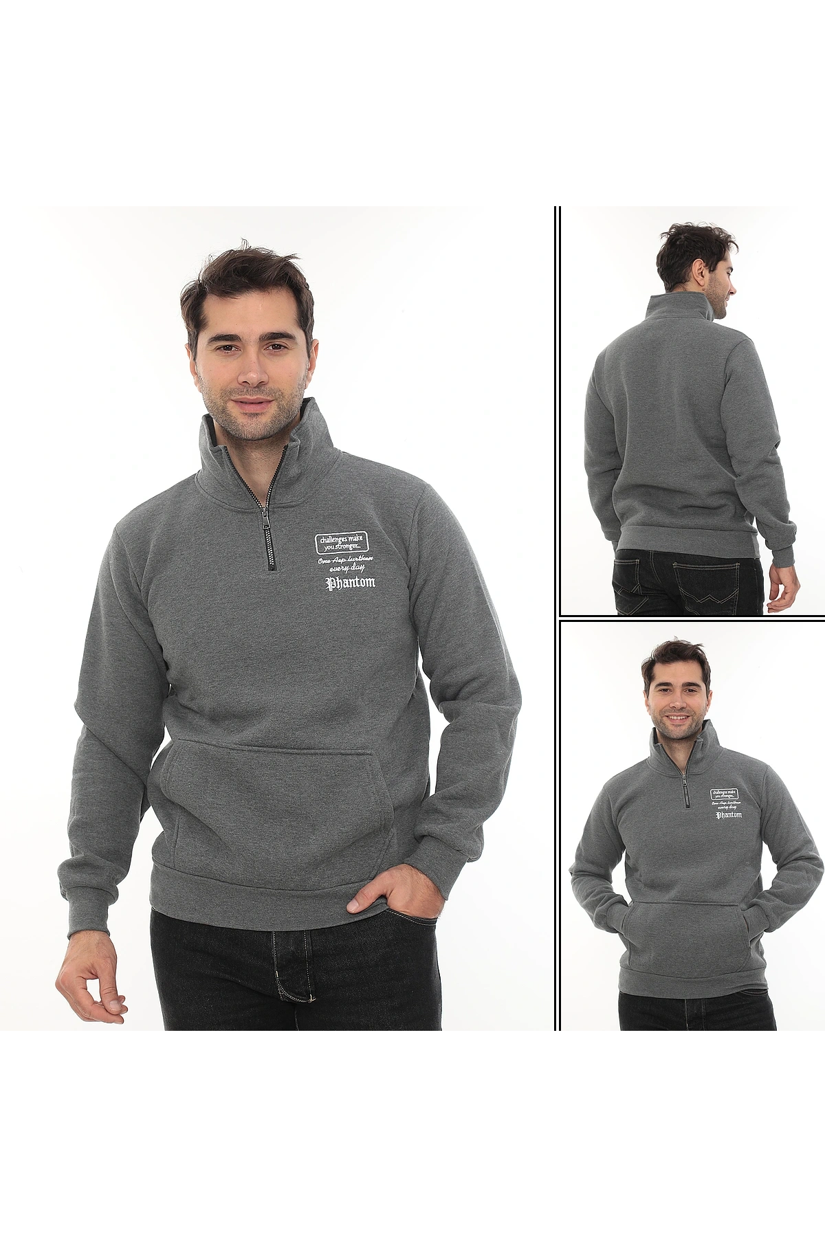 Erkek Gri Standart Fit Normal Kesim Içi Polarlı Yarım Fermuarlı Dik Bato Yaka Pamuklu Sweatshirt