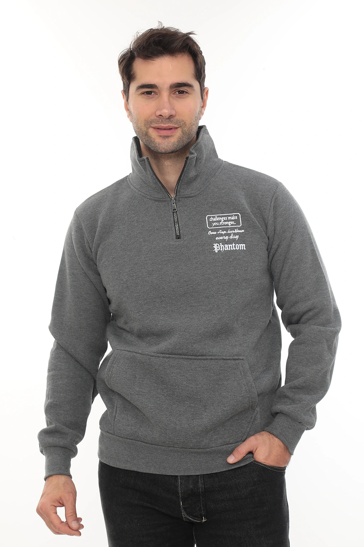 Erkek Gri Standart Fit Normal Kesim Içi Polarlı Yarım Fermuarlı Dik Bato Yaka Pamuklu Sweatshirt