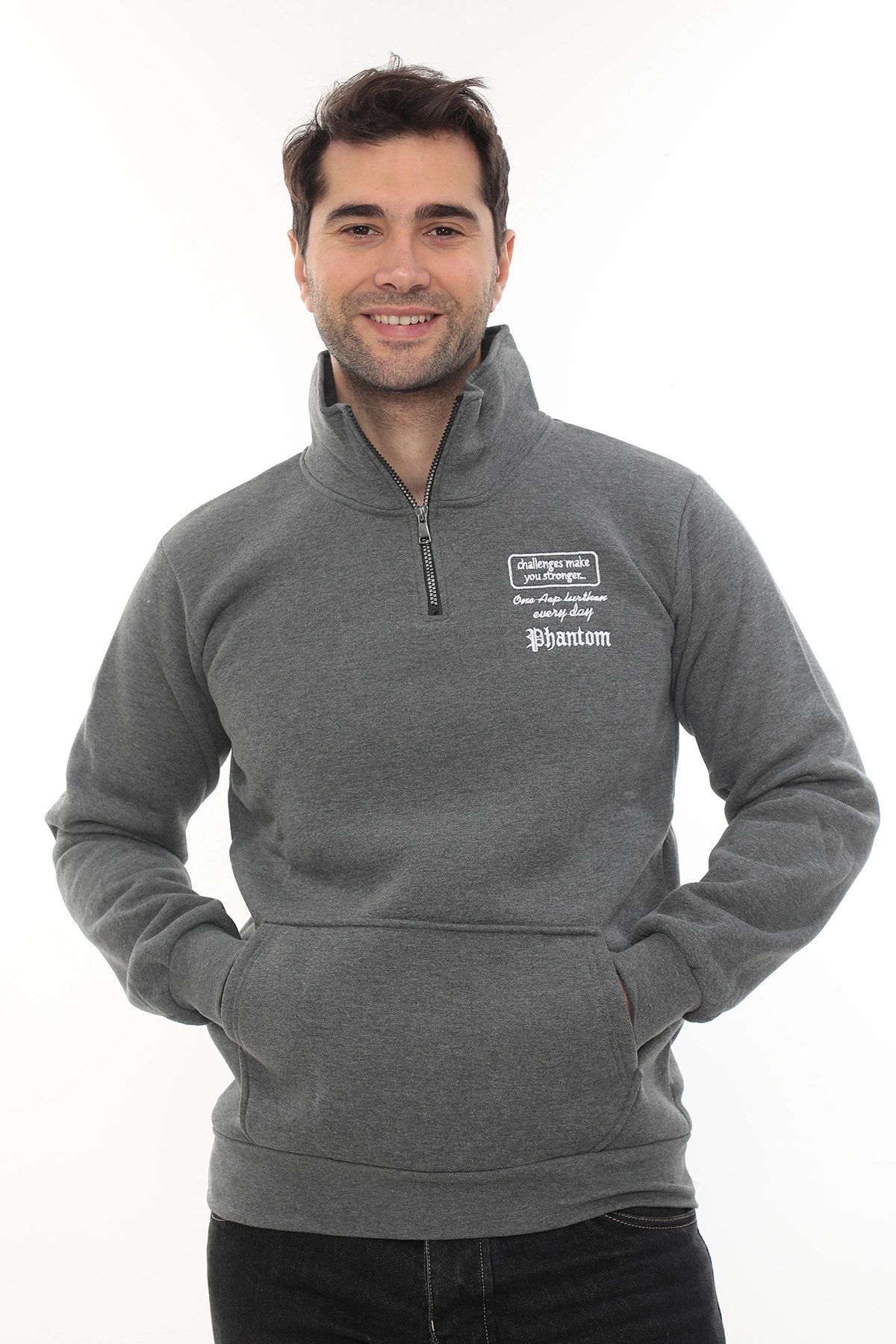 Erkek Gri Standart Fit Normal Kesim Içi Polarlı Yarım Fermuarlı Dik Bato Yaka Pamuklu Sweatshirt